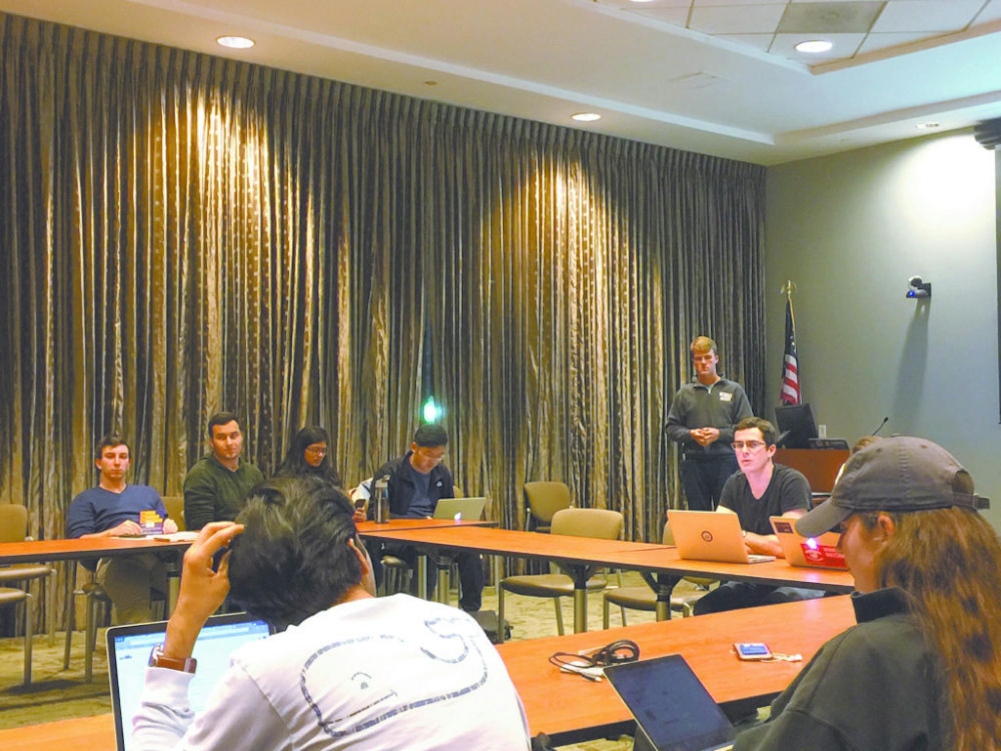 SGA President and College senior Max Zoberman proposes an undergraduate government structure should the bill to split SGA into autonomous branches pass Monday night. / Michelle Lou, News Editor
