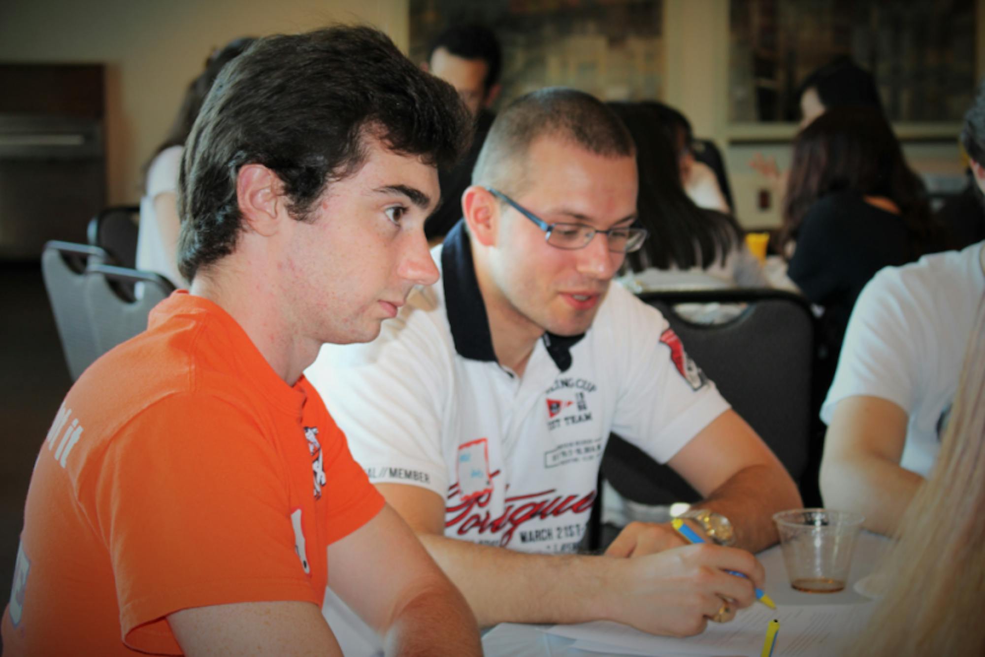 Matt LaMourie interacts with international students at the fall 2015 kick-off social