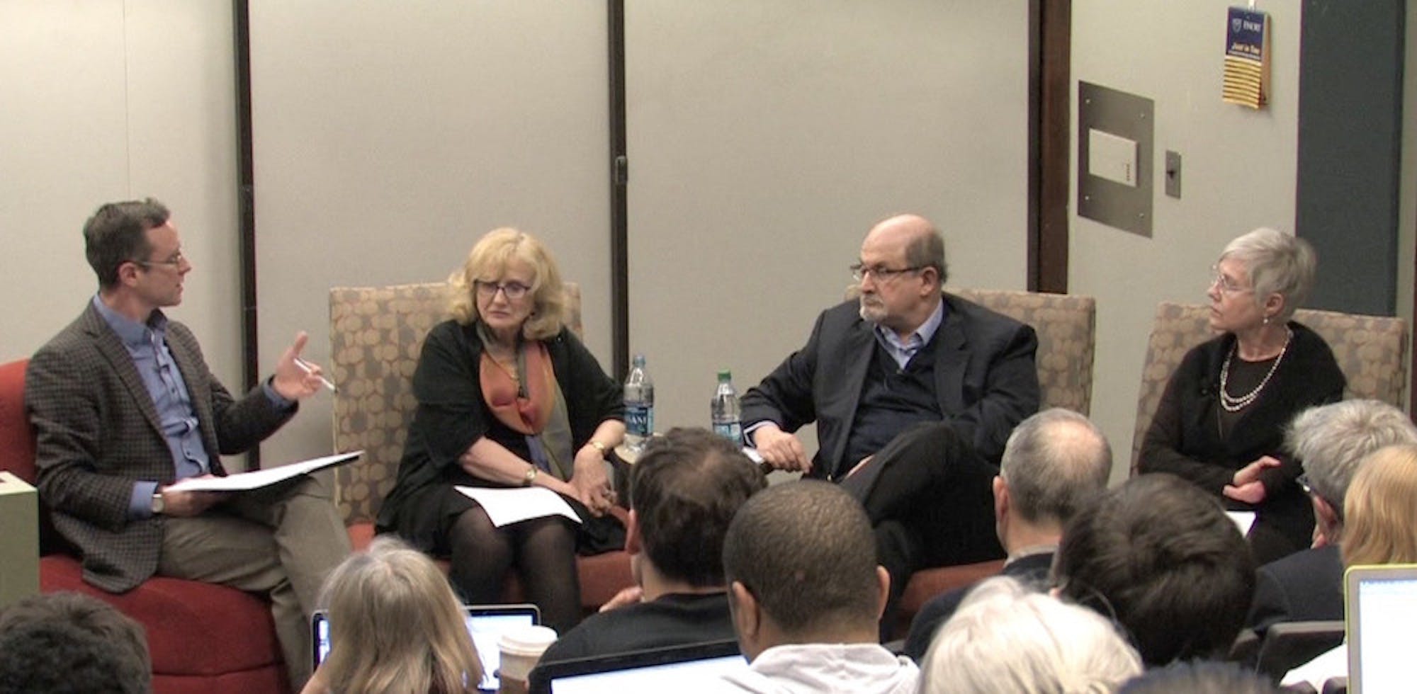 English Professor Benjamin Reiss, Professor of Philosophy at Stony Brook University Eva Kittay, University Distinguished Professor Salman Rushdie and English Professor Rosemarie Garland-Thomson participate in panel “Disability Rights as Human Rights.” Photo courtesy George Nikas​