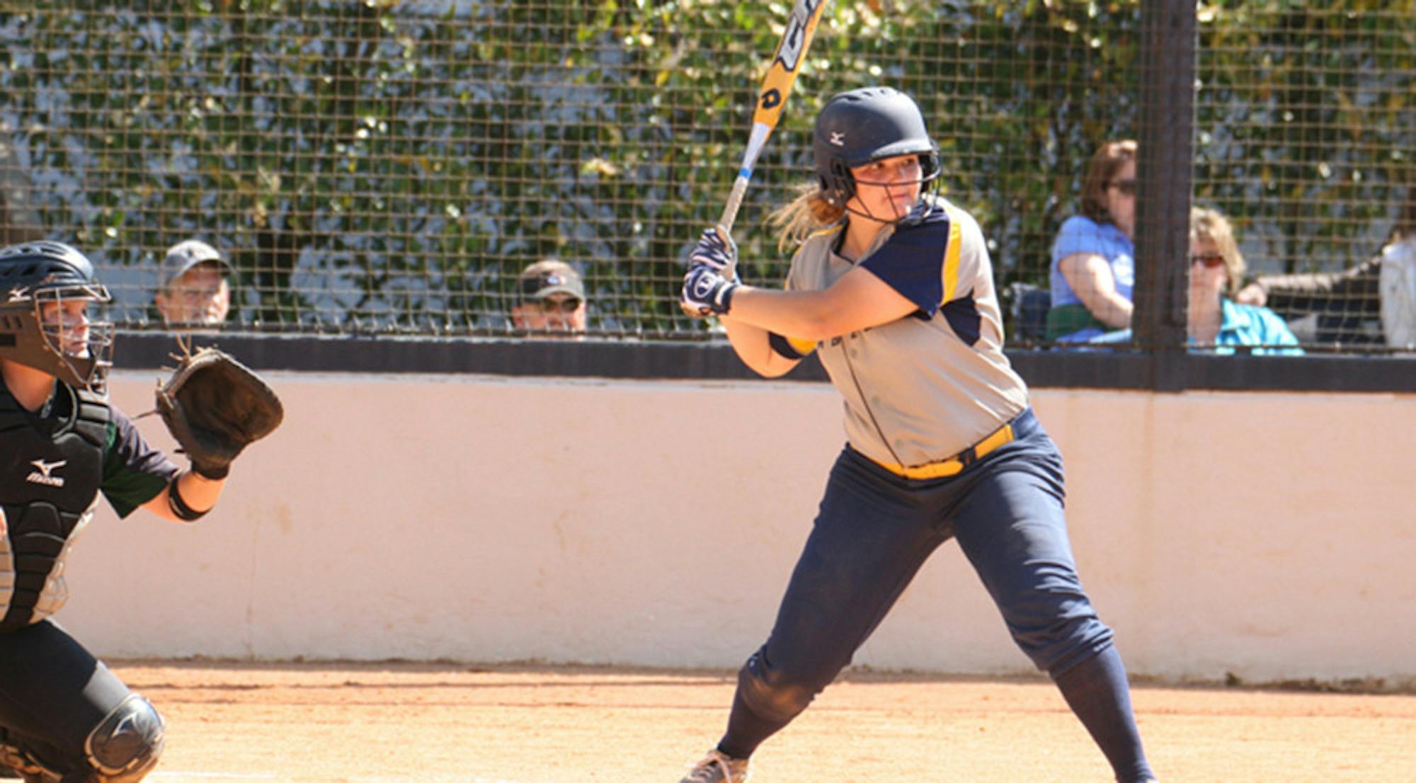 Junior infielder Hannah Sendel prepares to swing. Sendel and the Eagles continued their wining streak on Tuesday, winning both games of their doubleheader against Covenant College (Ga.). | Courtesy of Emory Athletics