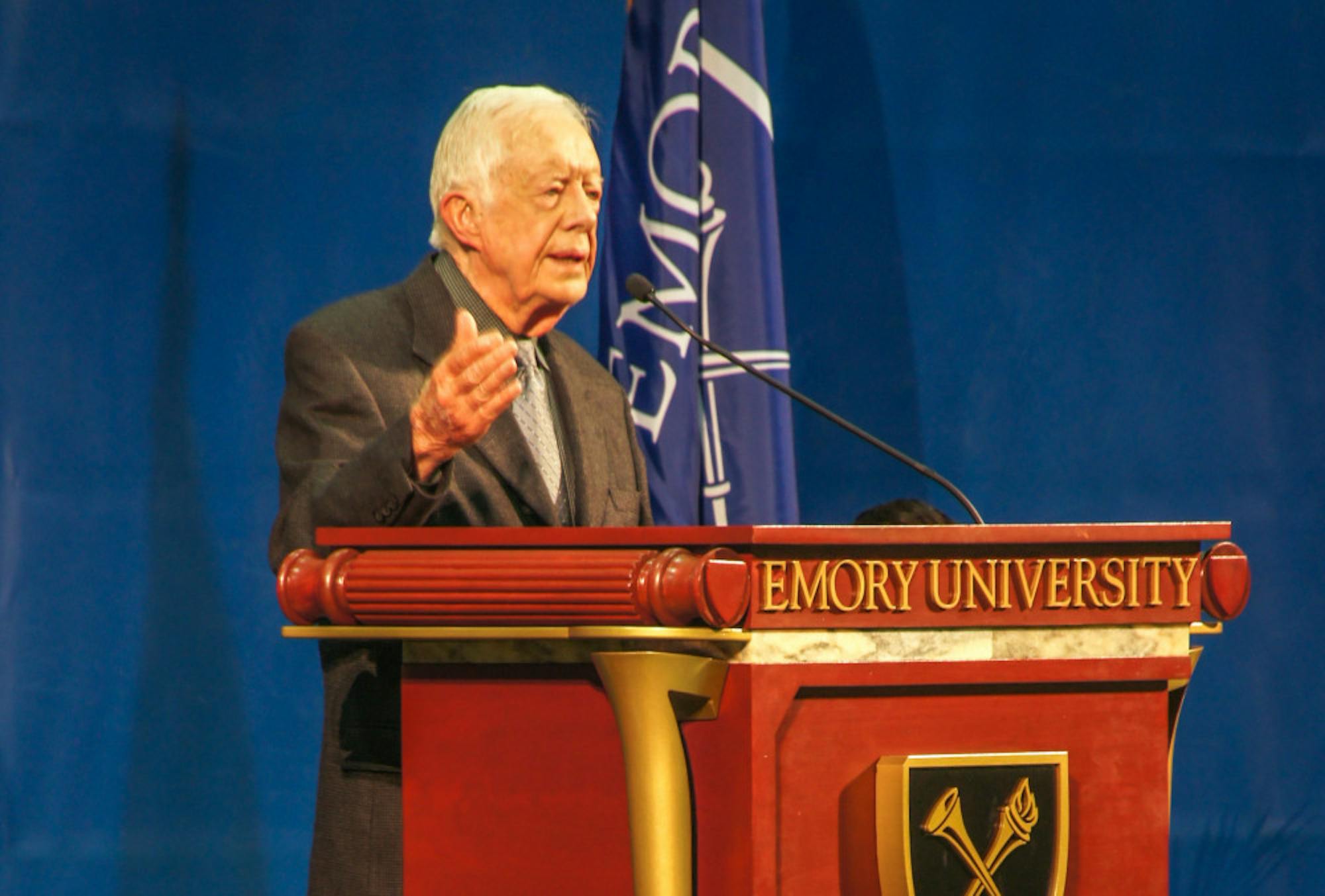 Former U.S. President and Emory Distinguished Professor Jimmy Carter takes the stage at his annual Emory town hall to discuss gender discrimination and his hopes for the election season.