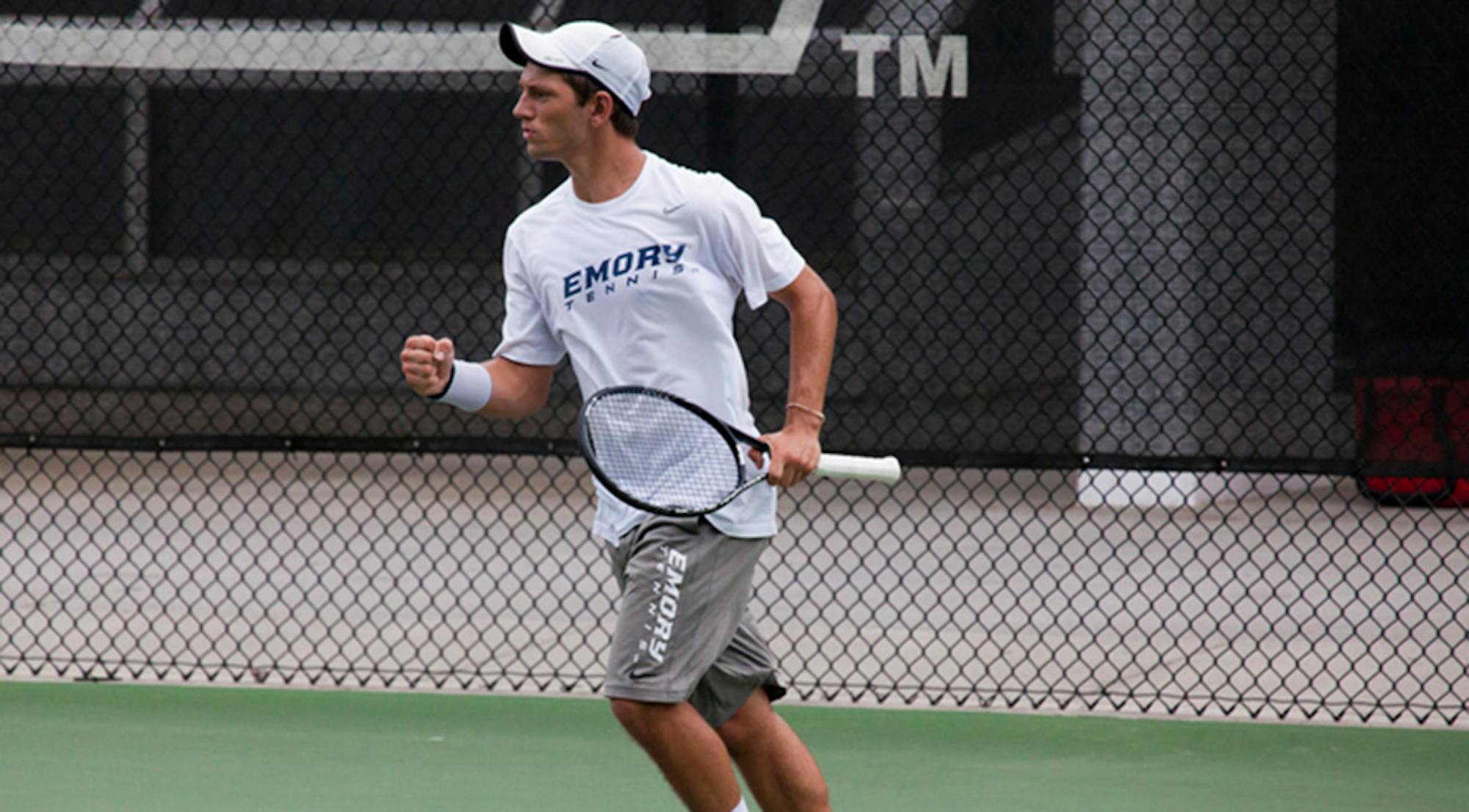 Senior Ian Wagner celebrates winning a point. Wagner and the Eagles won two matches and lost one last weekend in Vermont.  | Courtesy of Emory Athletics