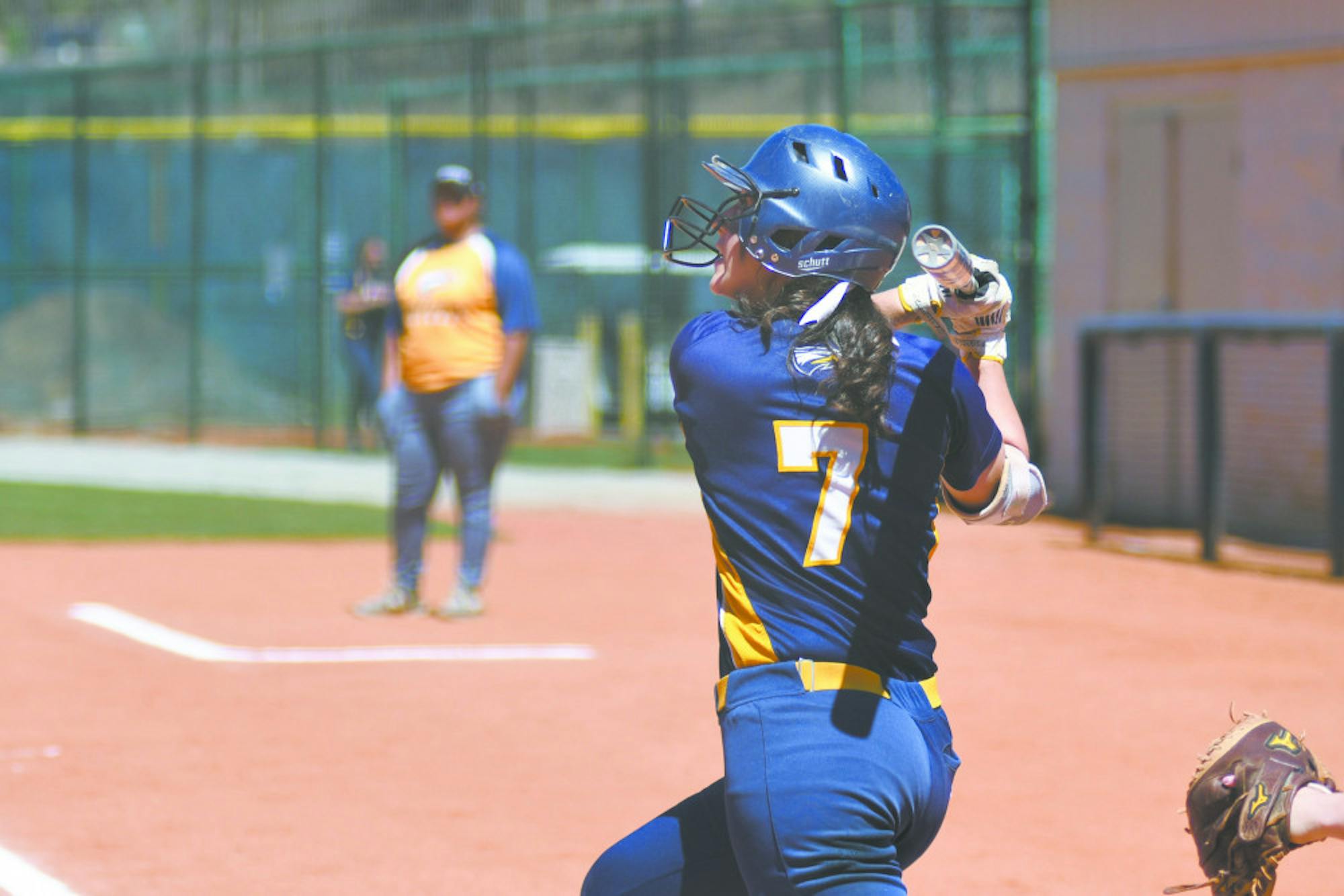 Senior outfielder Taylor Forte swings for the fences in the Eagles' home series against Washington University in St. Louis (Mo.). Gemy Sethaputra/Senior Staff