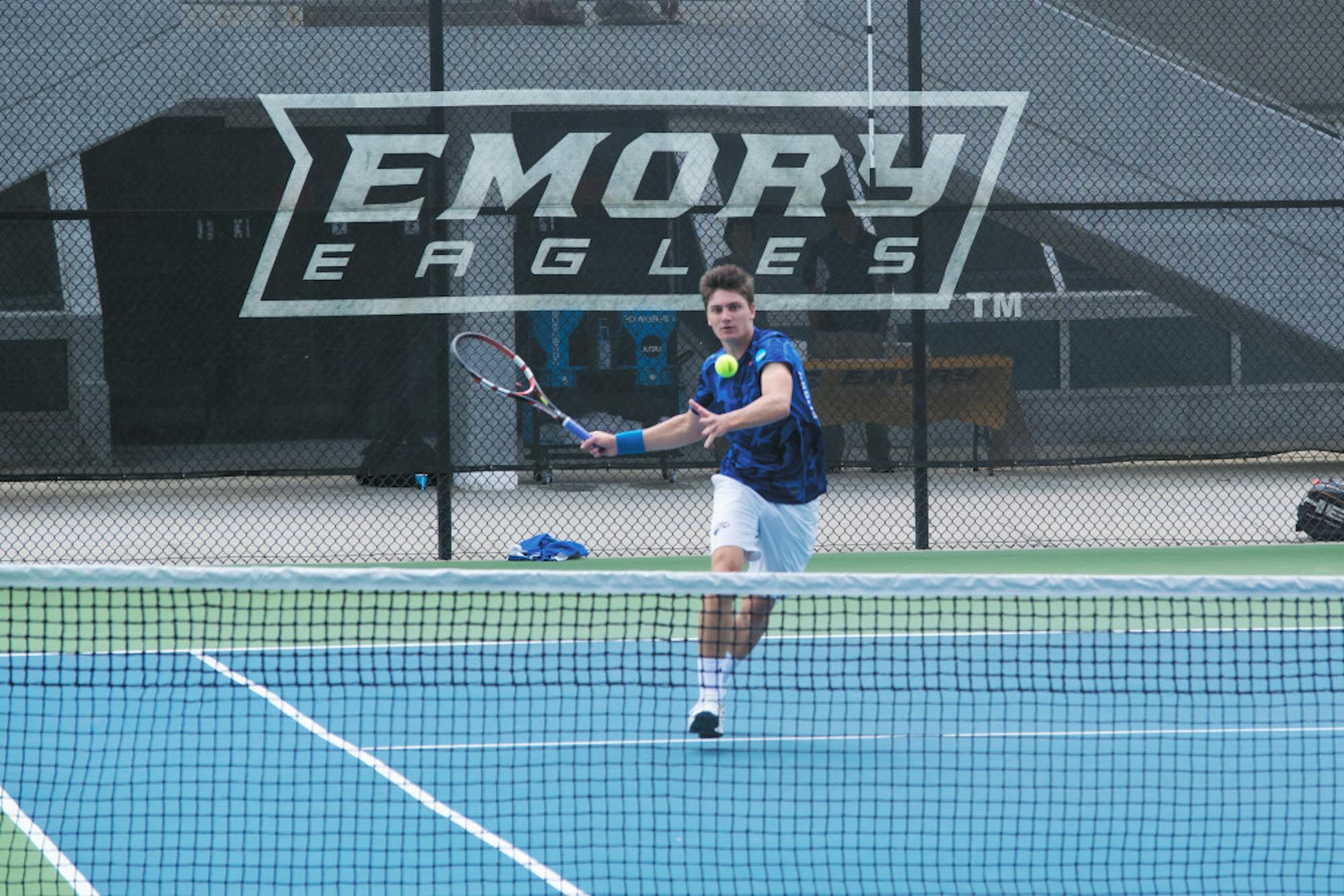 Sophomore James Spaulding prepares for a forehand strike in the Eagles' match April 18 against Washington & Lee University (Va.)