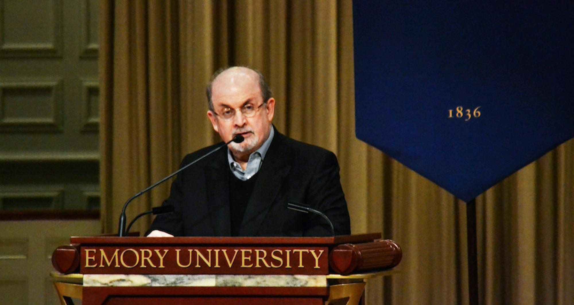 Salman Rushdie, a novelist and University distinguished professor, gave a lecture on Sunday evening at the Glenn Auditorium and discussed the state of freedom both in the U.S. and globally. | Photo by Erin Baker