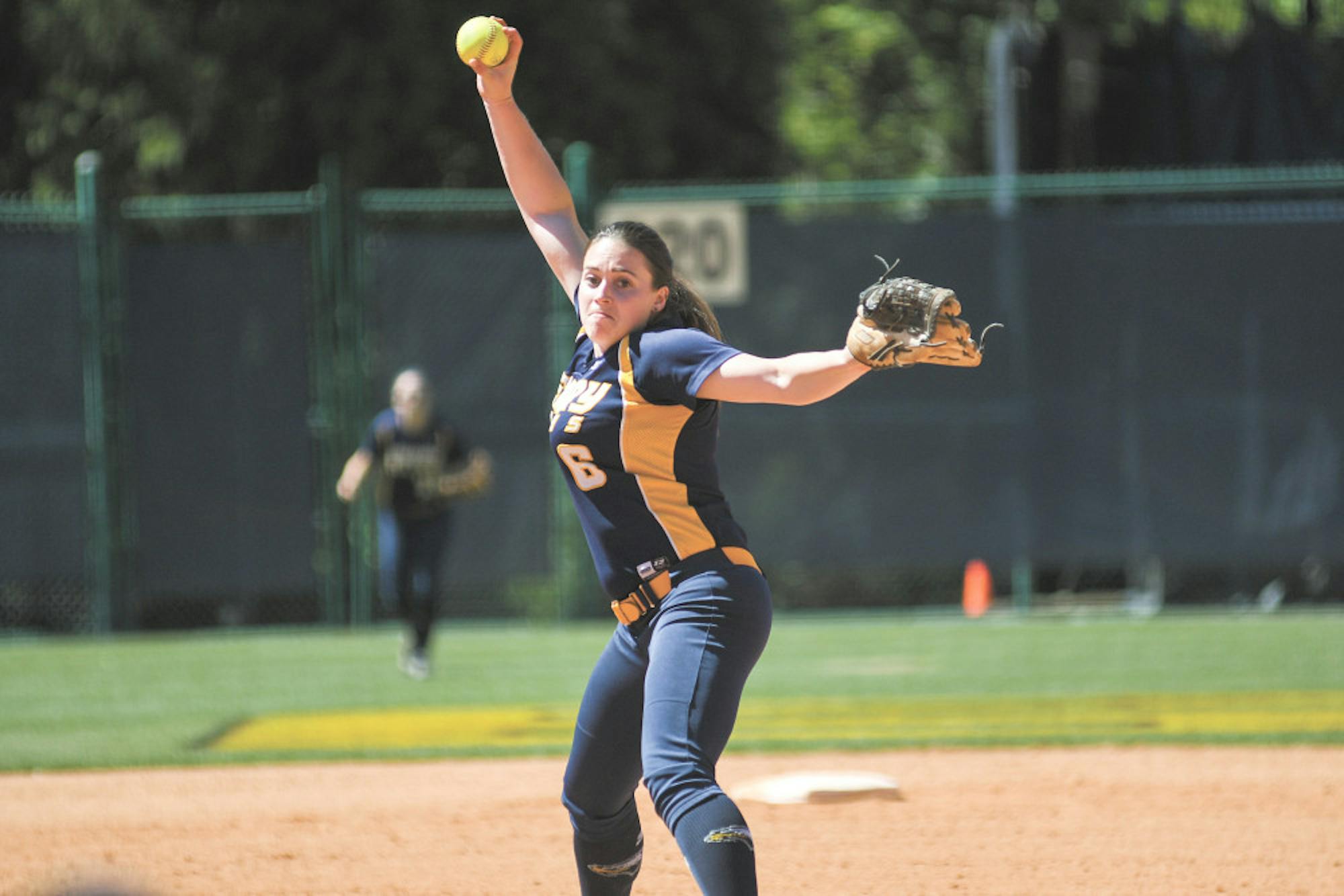 Senior pitcher Brittany File winds up for a pitch in the Eagles' home series against Brandeis University (Mass.). After dropping the first half of the series, the Eagles bounced back for two consecutive victories. Gemy Sethaputra/Senior Staff