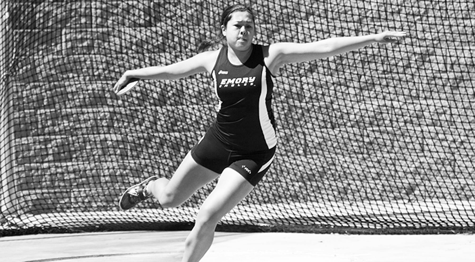 Freshman Sarah Strausser throws in the discus competition. Strausser and the Eagles will compete at the University Athletic Association (UAA) Championships at home this weekend. | Courtesy of Emory Athletics