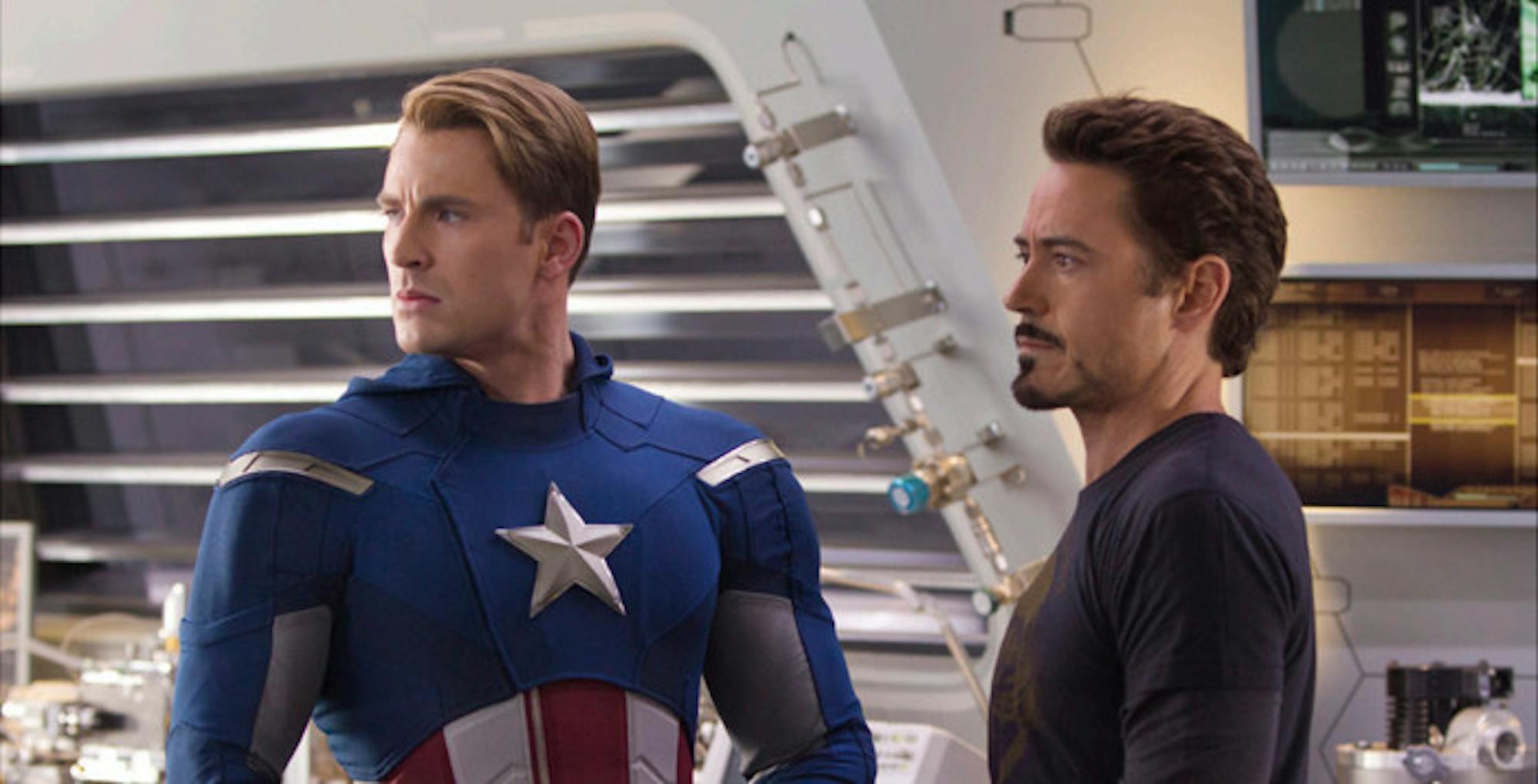 Chris Evans (left) and Robert Downey Jr. (right) star in 2012 box-office-record-breaking smash-hit