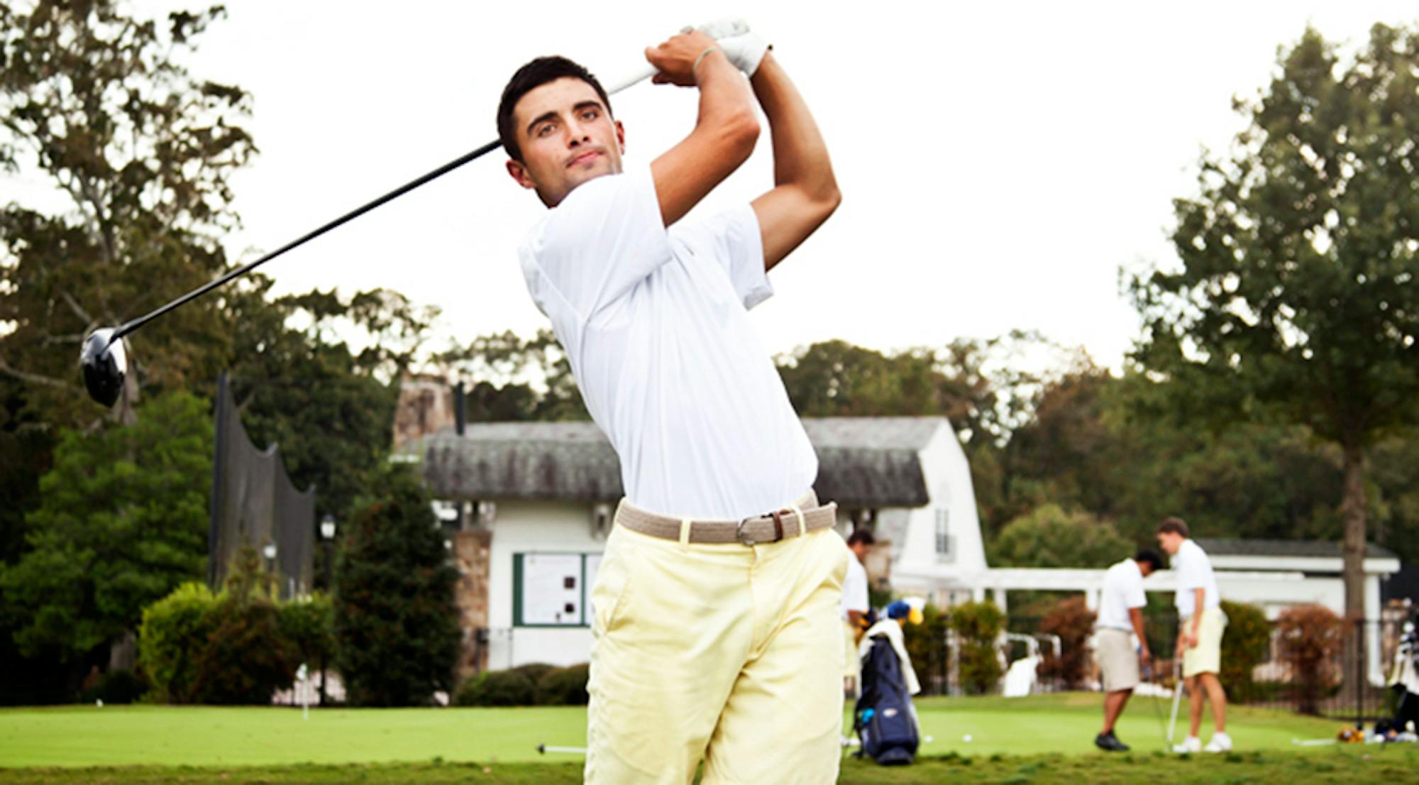 Junior Vince Sirianni follows through with his swing. Sirianni and the Eagles tied for sixth place at the Emory Spring Invitational at the Barnsley Gardens Resort in Adairsville, Ga.  | Courtesy of Emory Athletics