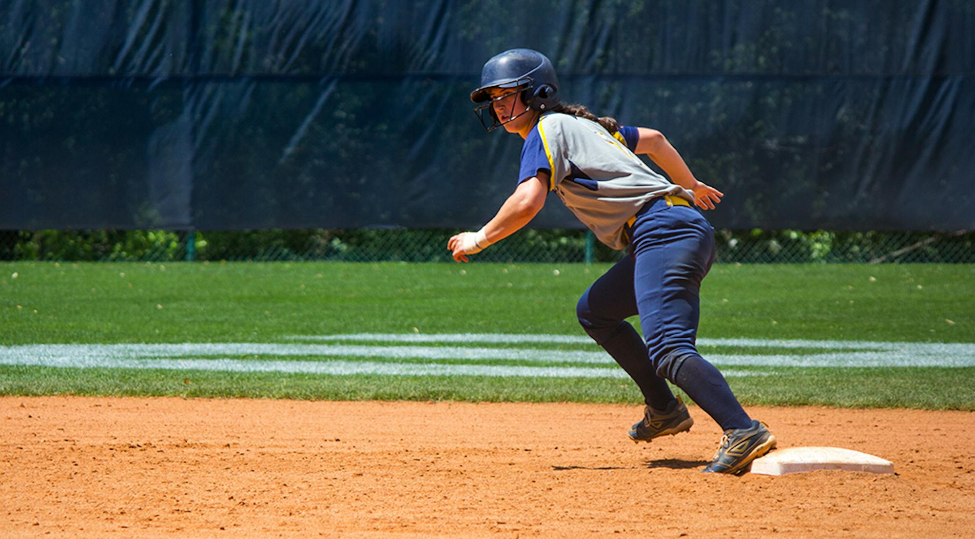 Sophomore first baseman and outfielder Taylor Forte leaves the bag. Forte and the Eagles won their home doubleheader against Georgia Highlands College. The team also honored their graduating seniors in a ceremony before the game. | Hagar Elsayed/Photo Editor