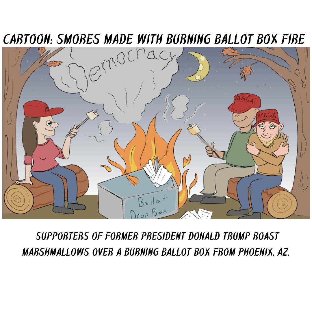 Cartoon: S'mores made with a burning box fire
