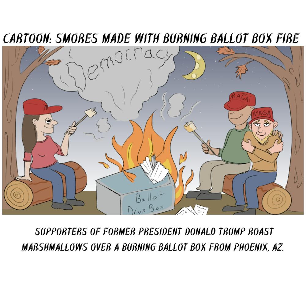 Cartoon: S'mores made with a burning box fire