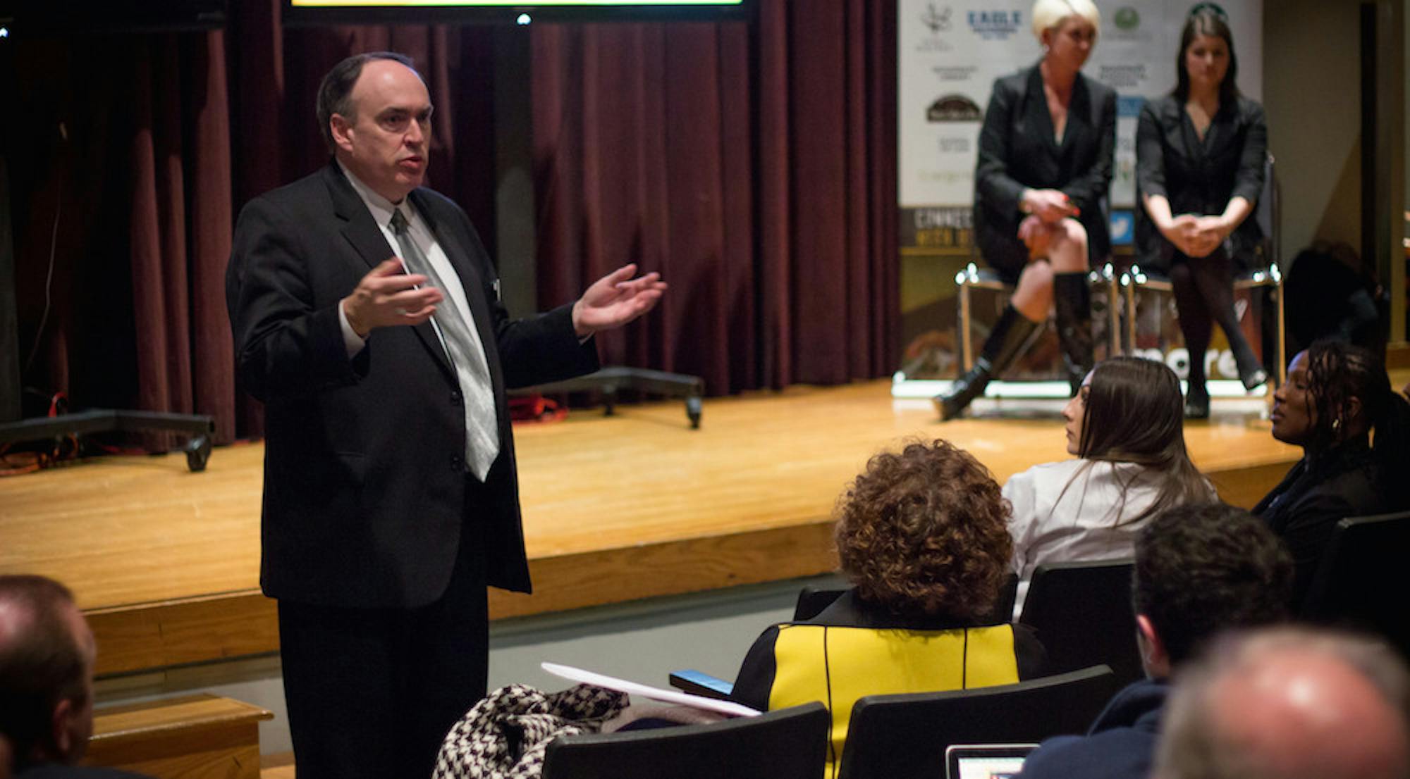 Todd Schram, resident district manager for Sodexo, answers questions raised from the Emory community at the Sodexo dining presentation in Harland Cinema on Tuesday.