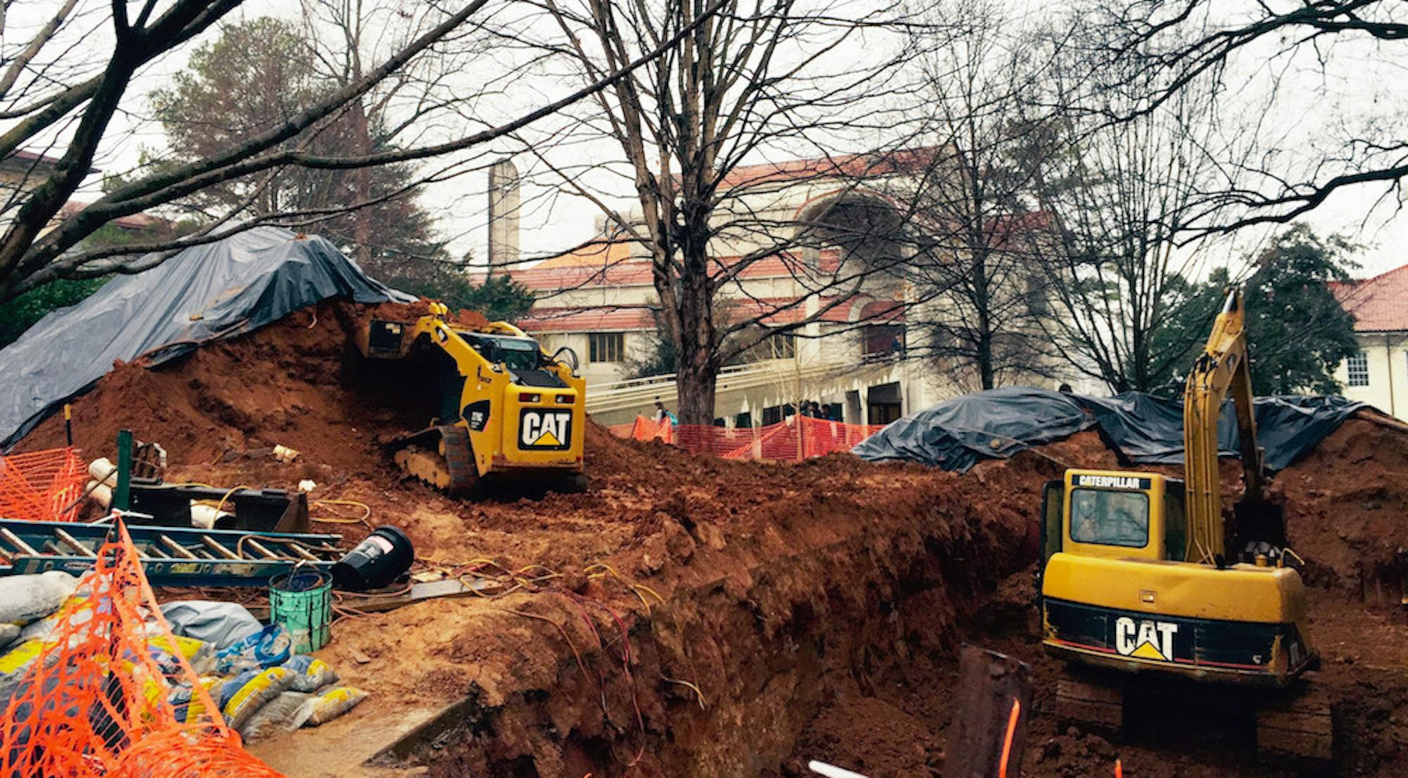 Campus Services dug alongside the south exterior wall of Callaway Memorial Center, as offices  and classrooms (including a graduate computer lab) flooded multiple times in the past six months. Photo by Erin Baker.