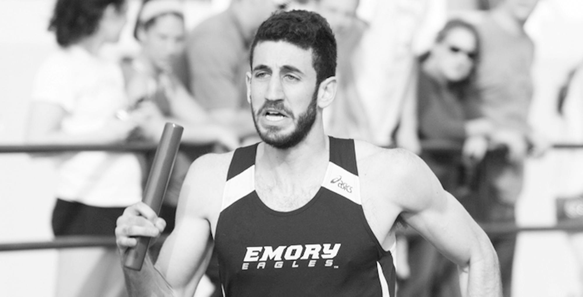 Courtest of Emory Athletics Zachary Rosenberg sprints in a relay race for the Eagles. The Eagles turned in a new program record and multiple podium finishes at the Blue Shoes Collegiate Track and Field Meet last weekend.