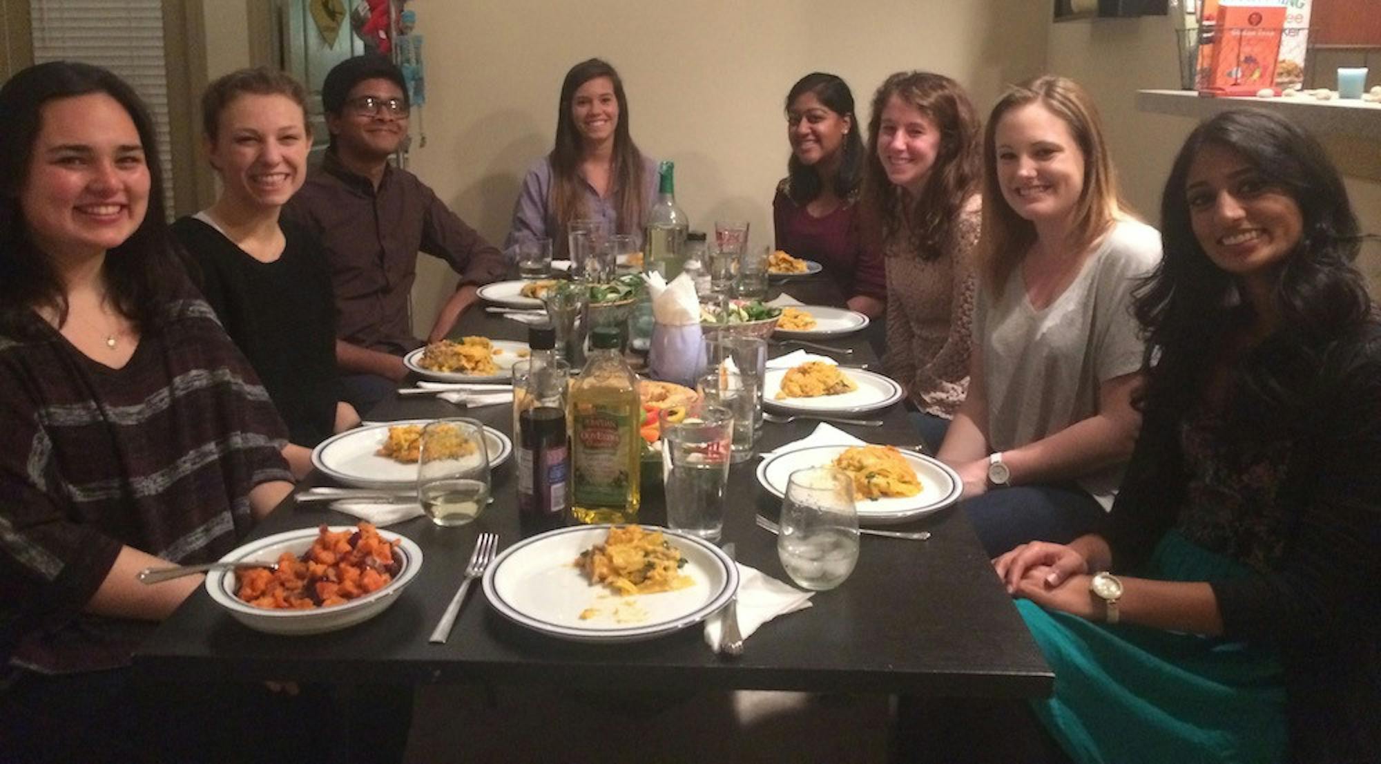 Several Emory students came together at the home of College seniors Teresa Morrisey (center) and Danielle Pelletier (second from right) for a