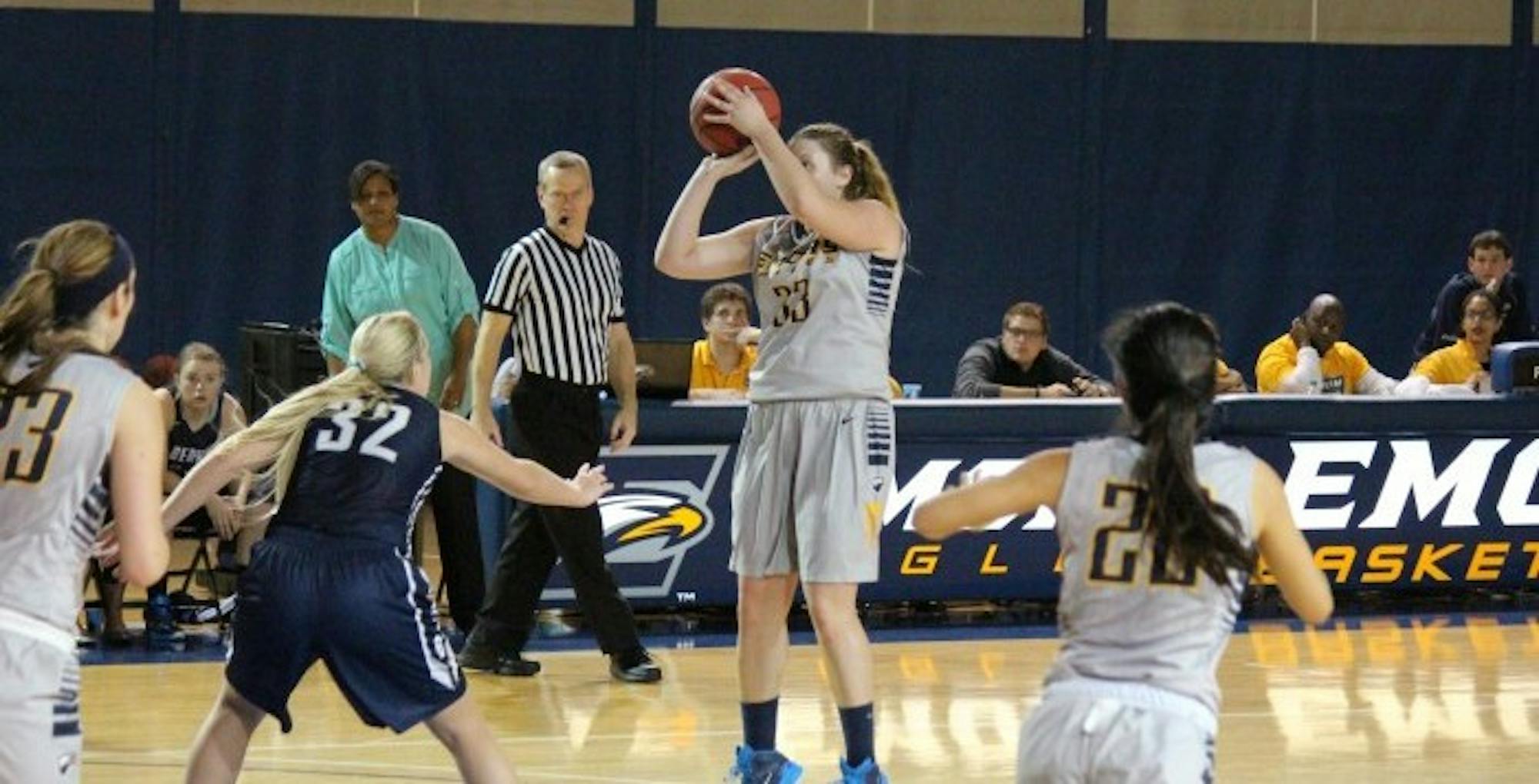 Junior forward Sarah Arington takes a shot. After consecutive losses to Birmingham-Southern College (Ala.) and Maryville College (Tenn.), Arington and the Eagles defeated Sewanee: The University of the South (Tenn.) at home on Tuesday. Photo by Mark Spicer/Staff.