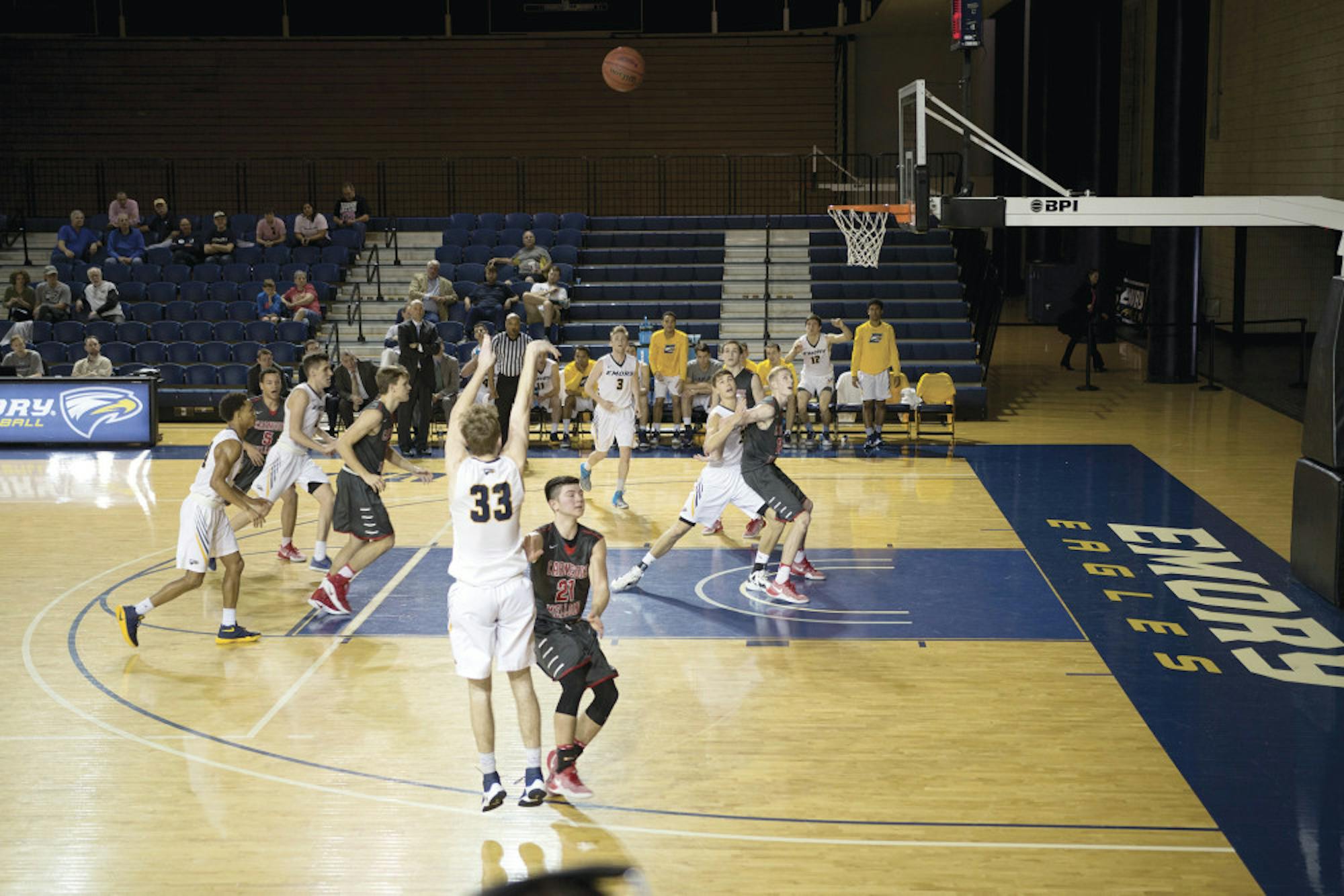 Senior forward Jim 'the commissioner' Gordon lines up a three in the Eagles' game Sunday against Carnegie Mellon. Gordon combined for 55 points over the two weekend games. Photo courtesy of Matthew Hammond/Photo Staff.