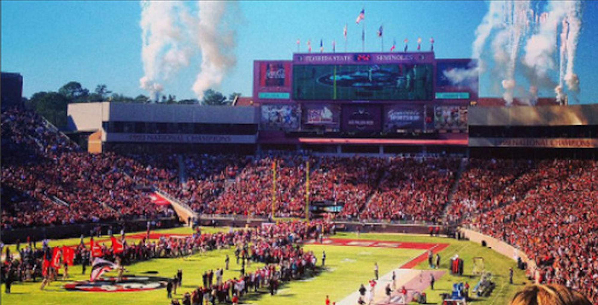 Florida State University (FSU) fans get fired up at a Doak Campbell Stadium pre-game ceremony. Social Media Editor Jenna Kingsley, who attended a FSU game three weeks ago, found that she is glad Emory does not have a football team. Courtesy of Wikimedia Commons.