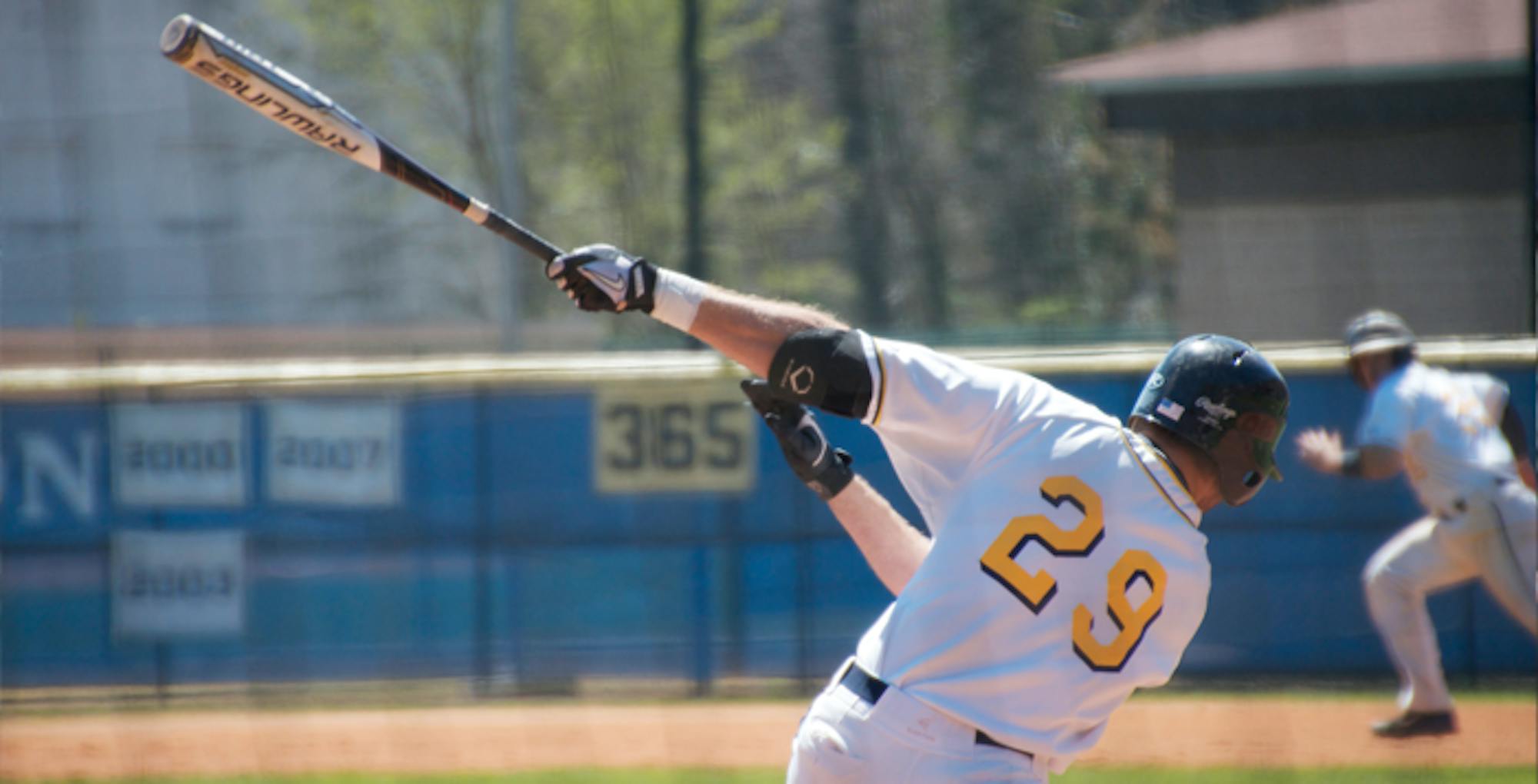 Junior first baseman Jared Selbach takes a swing for the Eagles.  Selbach connected for one hit and one RBI in the Eagles' 7-4 win Sunday against Southwestern University (Texas).