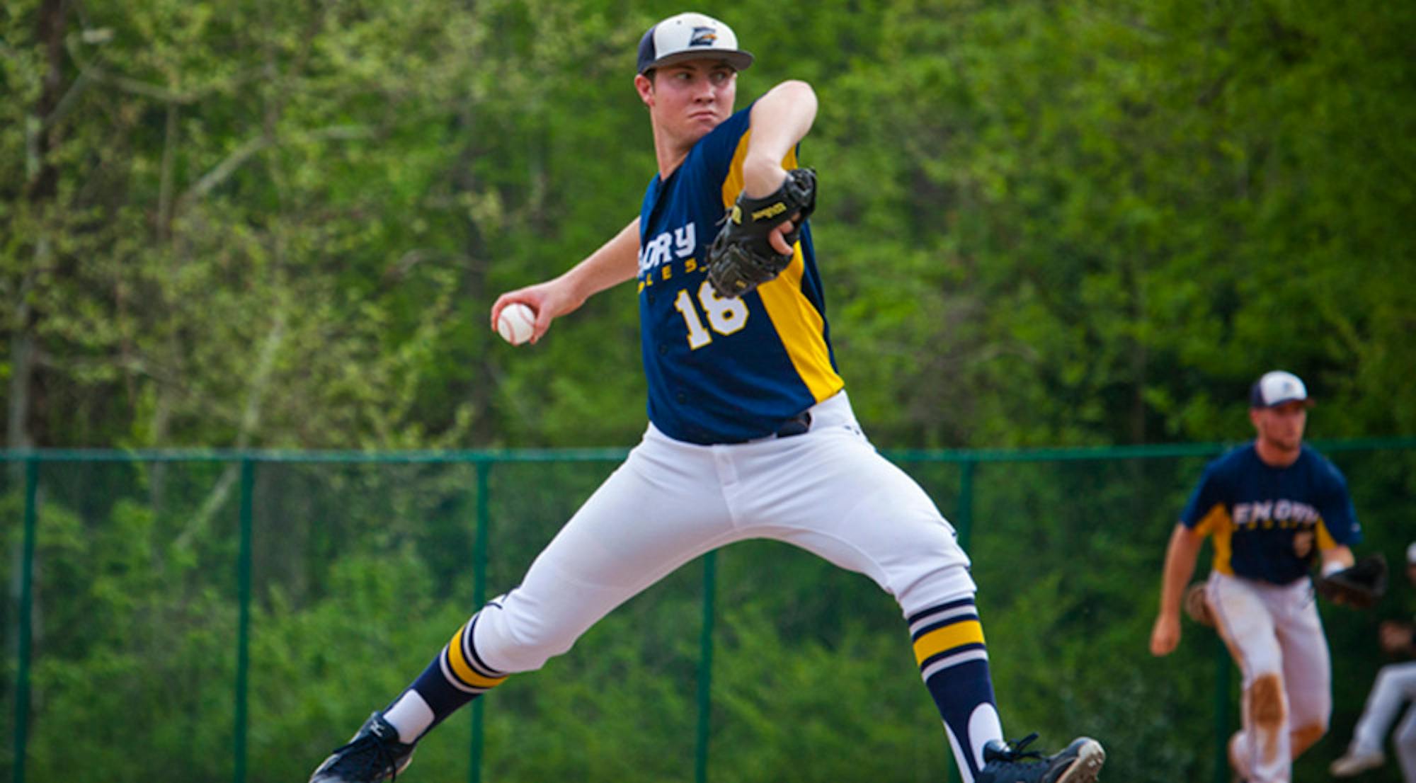 Senior Connor Dillman pitches the ball. The Eagles tied for the University Athletic Association (UAA) Championship.  | Courtesy of Emory Athletics