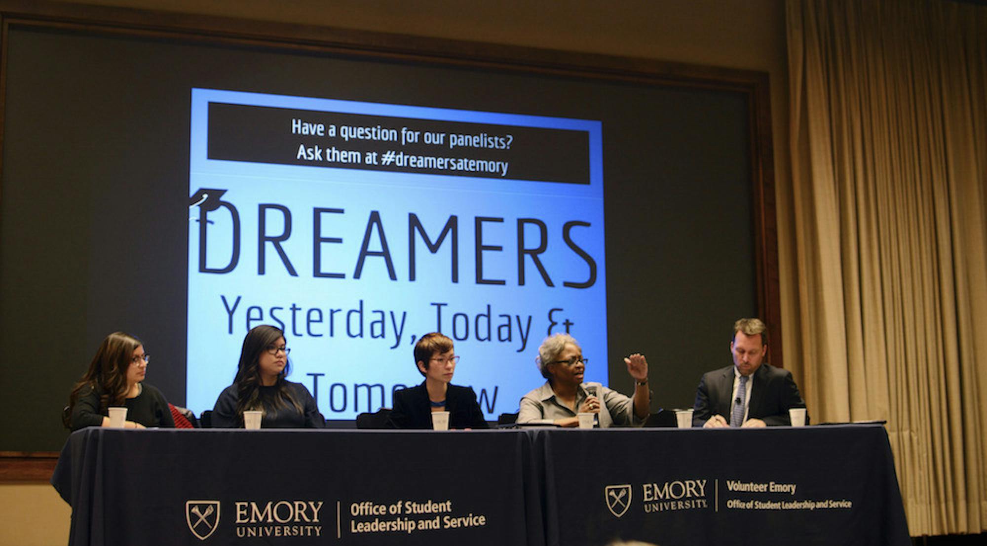 Emory professor of African American Studies Carol Anderson raised her hands in reference to the protests against violence against black people in Ferguson, Missouri at a panel to discuss parallels between the civil rights and undocumented students rights movements. Photo by Thomas Han / Photo Editor