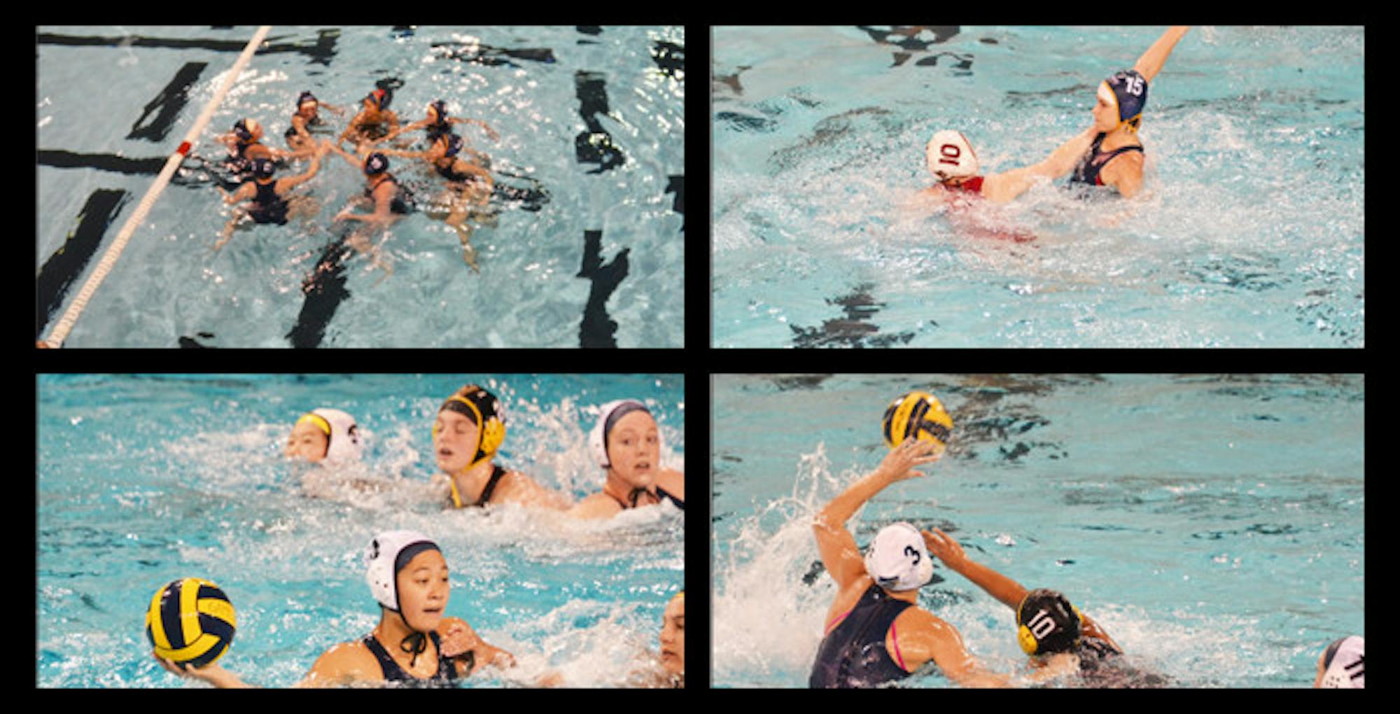 The Emory club women's water polo team huddles at last weekend's Emory Invitational (top left). Senior Hayley Huffman takes a shot on an opposing team's goal (top right).  Senior Shannon Lin passes to a teammate (bottom left). Masters of Public Health student Caitlin Casey battles the ball away from the opposition (bottom right). | Courtesy of Abigail Chambers