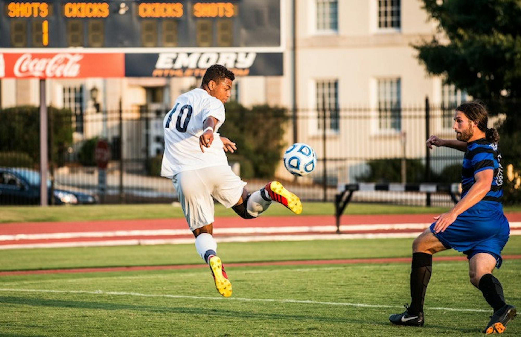 Sophomore midfielder Max Gomas artfully kicks the ball. The Eagles will begin their competition for the NCAA Division III Championship this Friday at the WoodPEC. | Photo by Steve Shan, Asst. Photo Editor