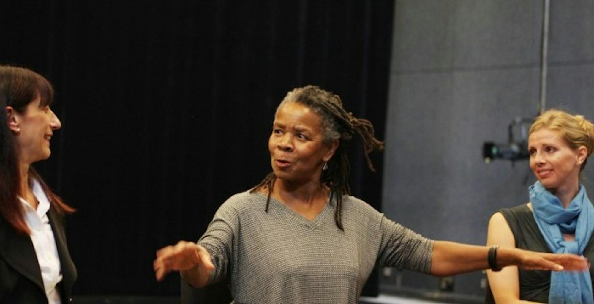 Choreographer Bebe Miller (center) visited Emory this weekend to help with the Emory Dance Company's reconstruction of her work,