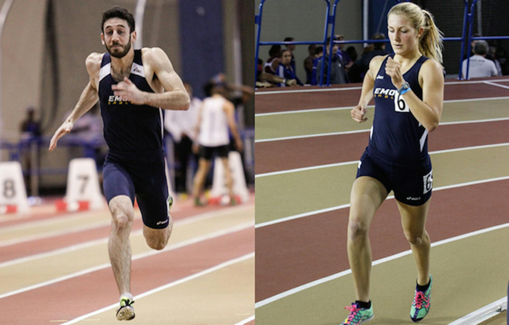 Seniors Zachary Rosenberg (left) and Stephanie Crane (right) sprint to the finish. Rosenberg finished 28th in the 400-meter dash with a time of 51.14 seconds at the East Tennessee State University Invitational last weekend. | Photo courtesy of Emory Athletics