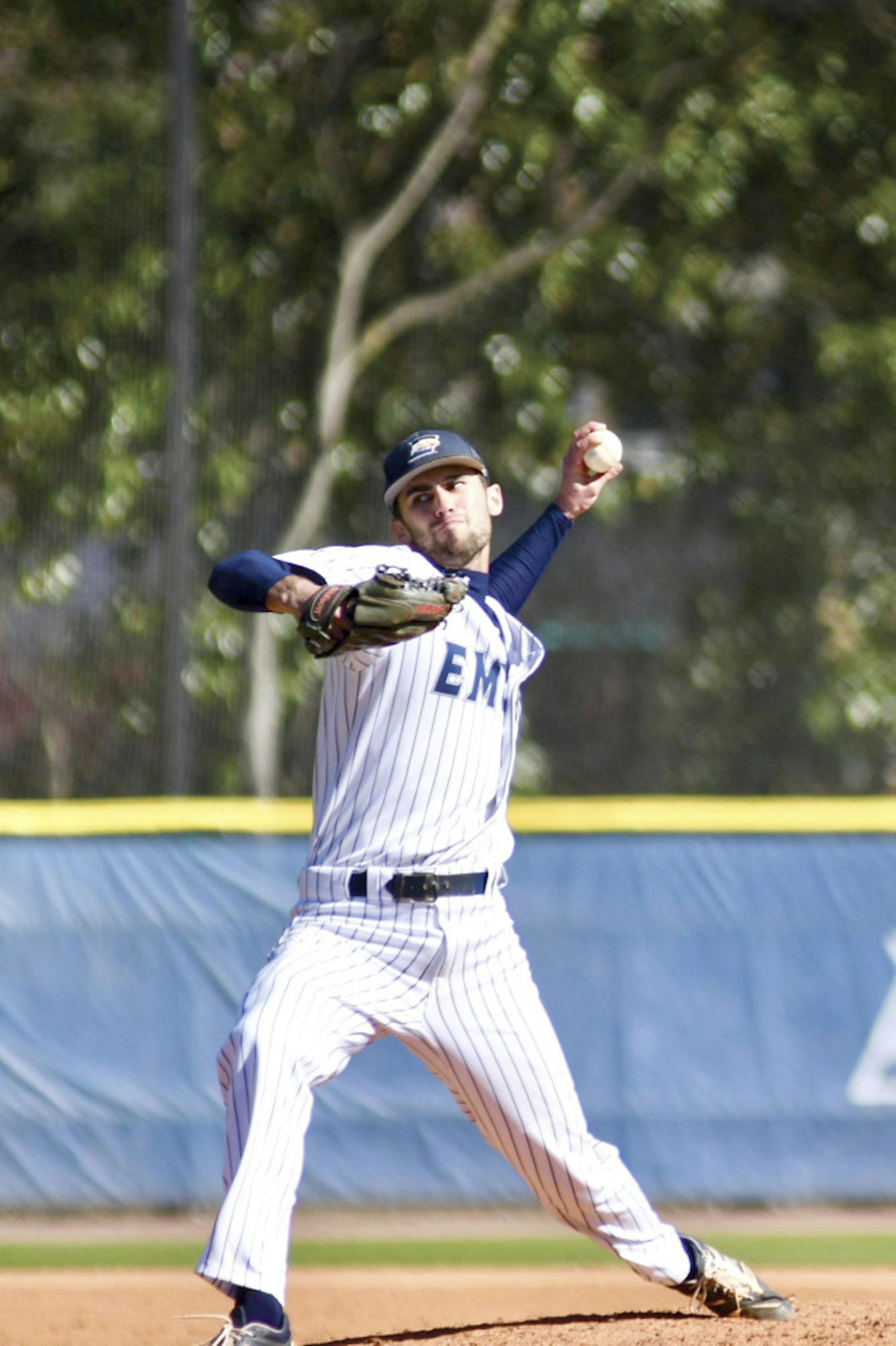 Senior pitcher Luke Emmett holds the mound for the Eagles. Emory itching stifled Huntington in the series. Photo courtesy Gemy Sethaputra.