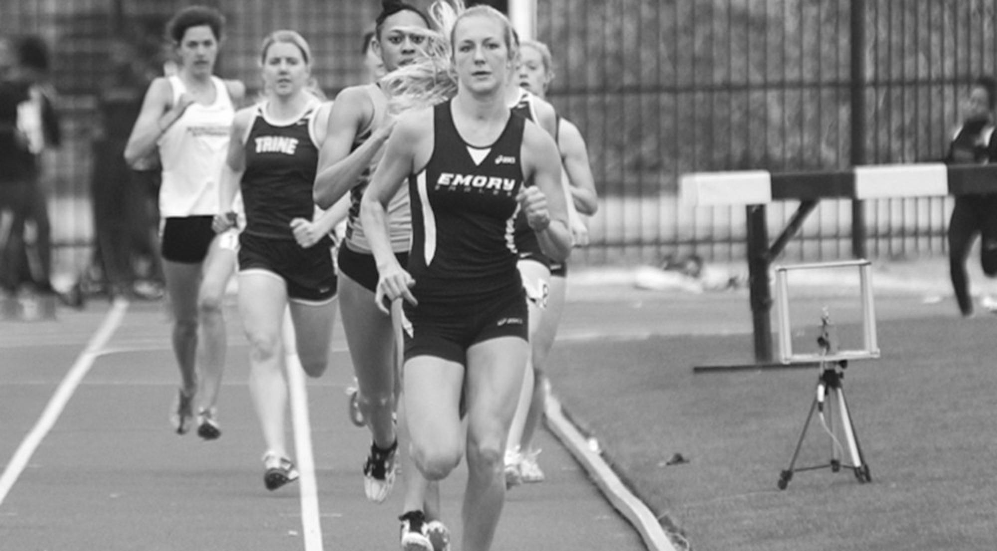 Senior Stephanie Crane leads a race. Crane and the track and field team will travel to High Point University (N.C.) for their next meet. | Courtesy of Emory Athletics