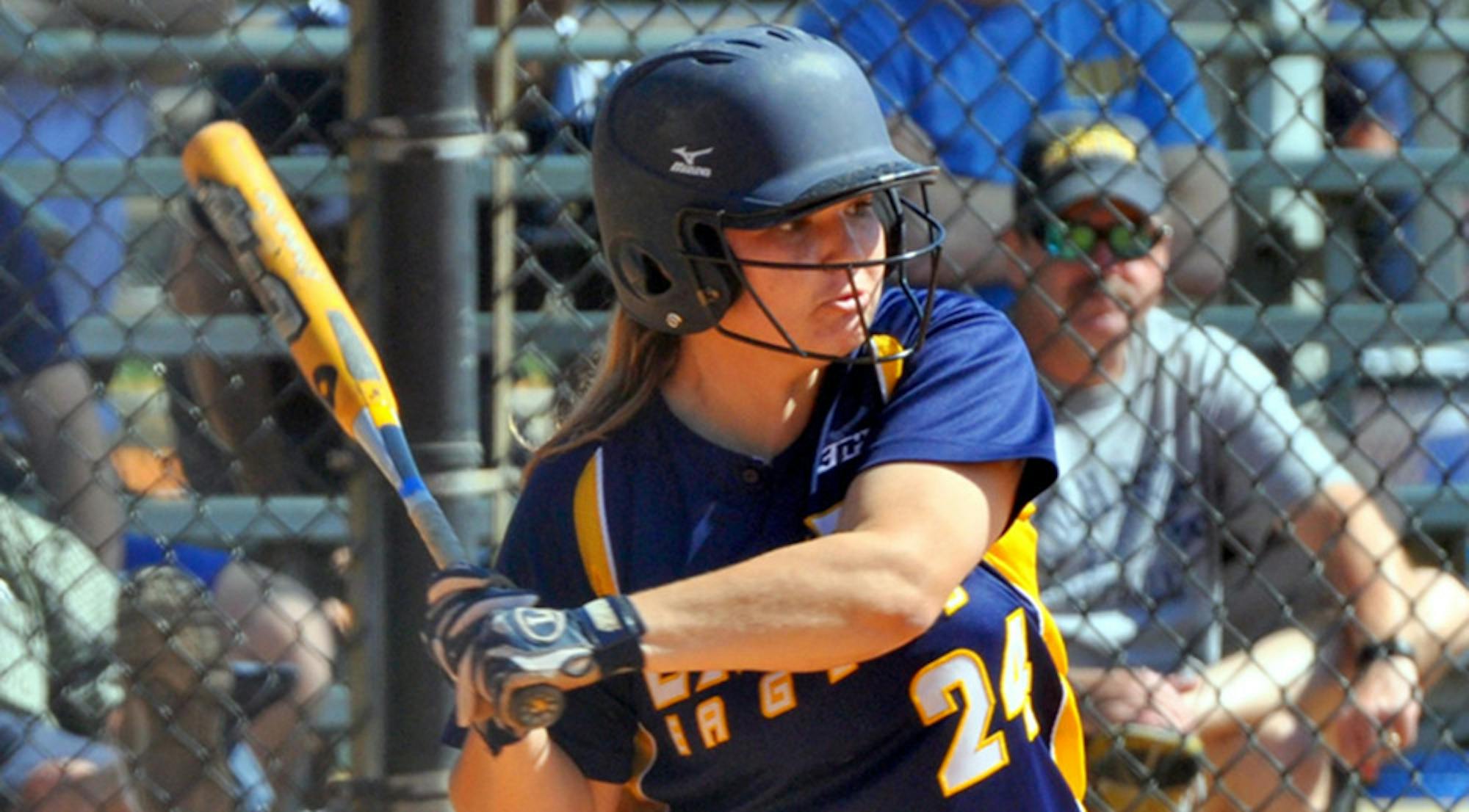 Junior infielder Hannah Sendel prepares to bat. Sendel and the Eagles won the University Athletic Association (UAA) Championship this past weekend, sharing the win with Washington University in St. Louis. | Courtesy of Emory Athletics