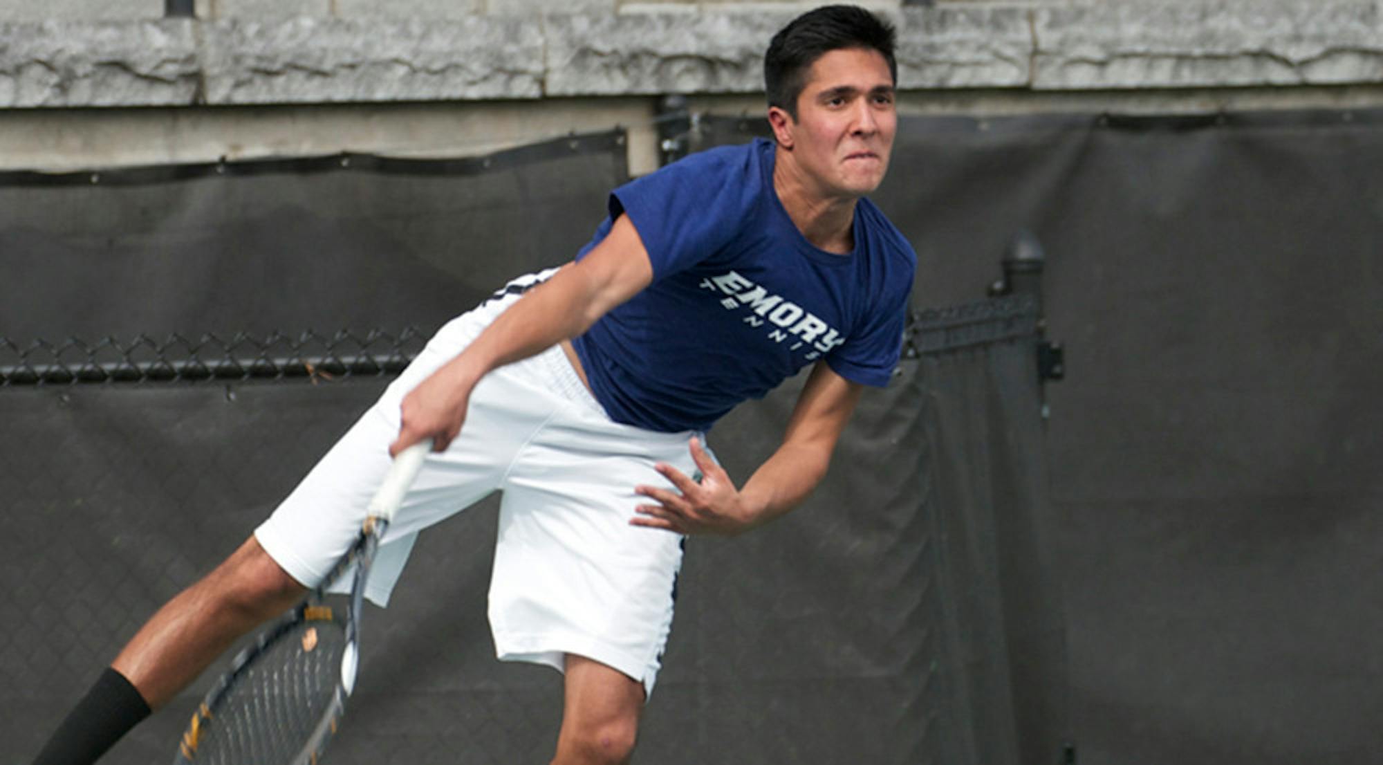 Sophomore Aman Manji serves to his opponent. After their win over North Carolina Wesleyan College, the Eagles now stand with an overall record of 10-4. | Courtesy of Emory Athletics