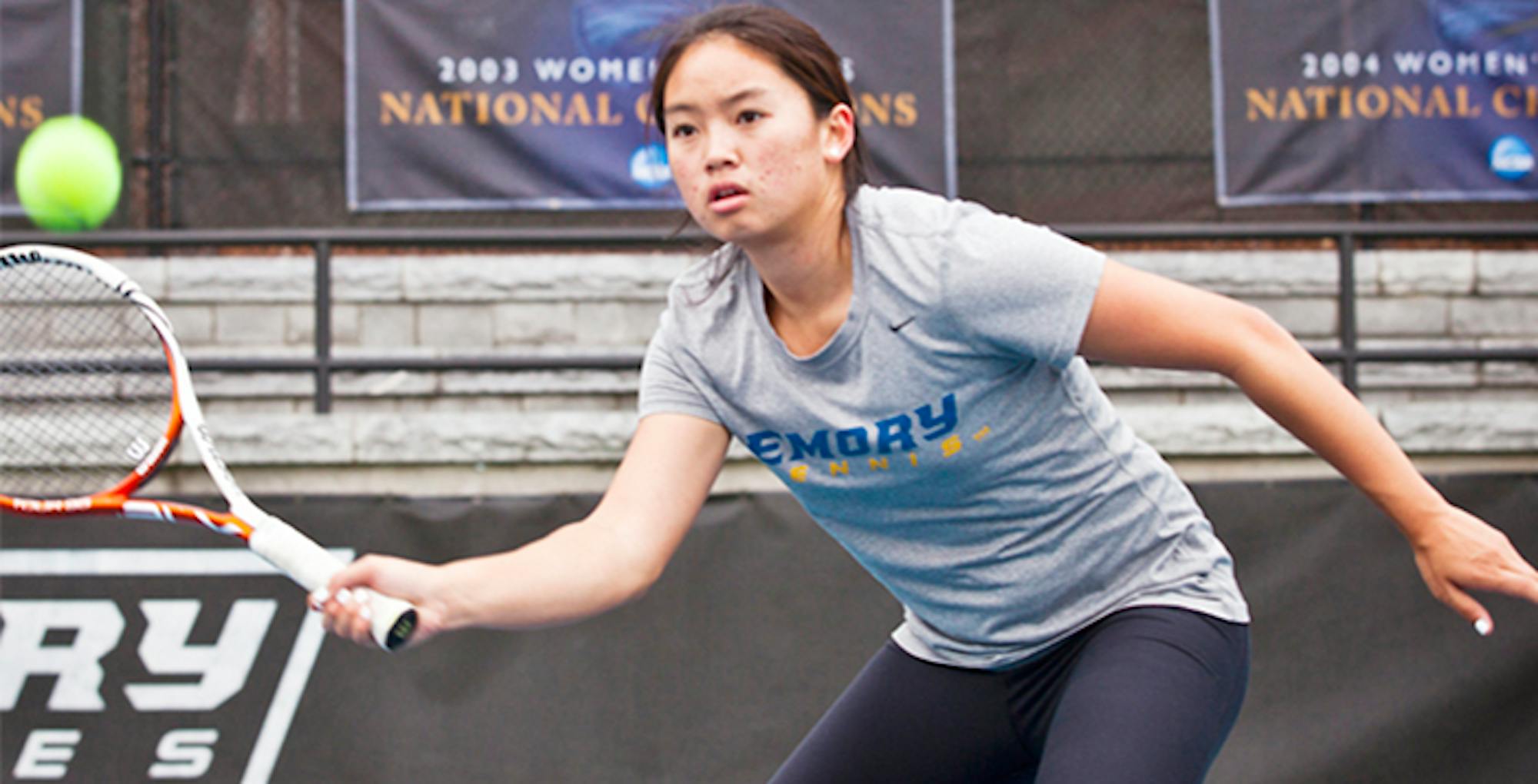 Courtesy of Emory Athletics Freshamn Katarina Su delivers a shot for the Eagles. Playing in the number two doubles slot with sophomore Beatrice Rosen, Su defeated a doubles squad from Middlebury and one from Amherst 8-6, and lost to a Bowdoin doubles team 8-5 over the weekend.  The women's tennis team is ranked second in the country.