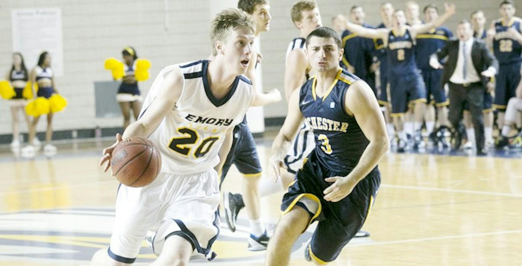 Senior forward Alex Foster drives to the hoop. Foster scored a career-high 38 points in the Eagles' season-opening win on Tuesday night against Oglethorpe University (Ga.). This is the third highest single-game point total in Emory men's basketball history. Courtesy of Emory Athletics.