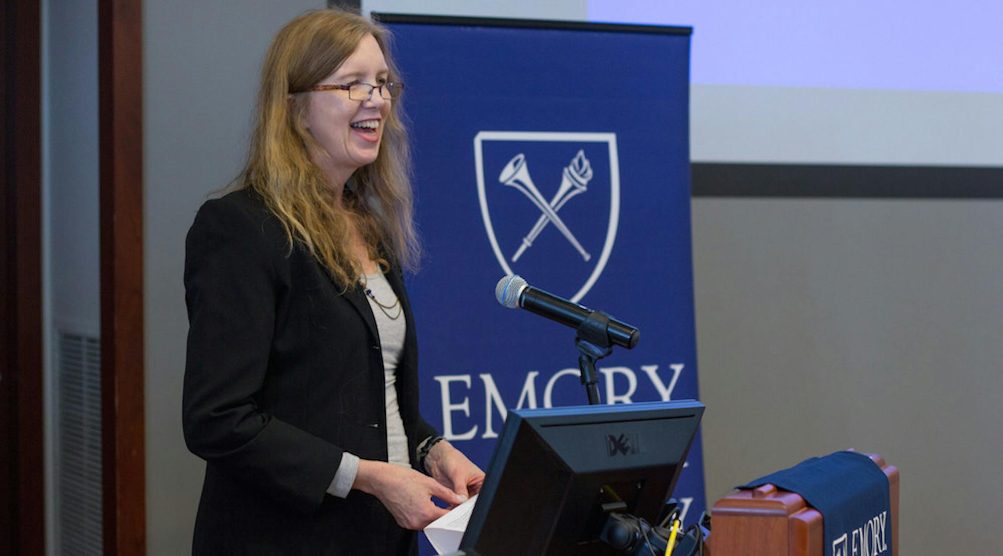 Pamela Scully, Professor of Women, Gender, and Sexuality Studies and African Studies, speaks at an Ebola and the Law in the US and West Africa/ Treatment, Vaccine Development and Ethics panel.