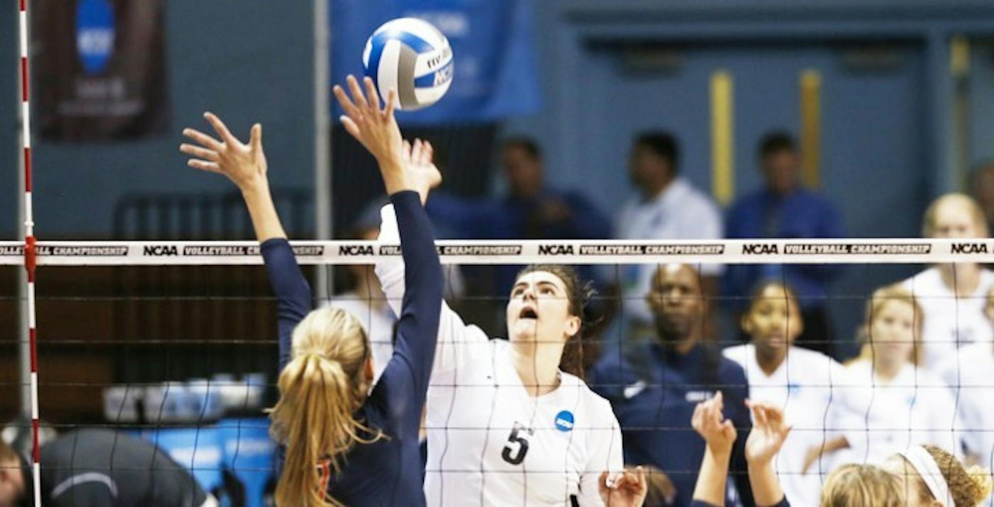 Sophomore right side hitter Sarah Maher attempts a spike. Maher put up 21 kils and 14 digs in the Eagles' NCAA National Championship loss against Hope College (Mich.) yesterday. She and the Eagles finished the season with an overall record of 39-4.  Courtesy of Emory Athletics.