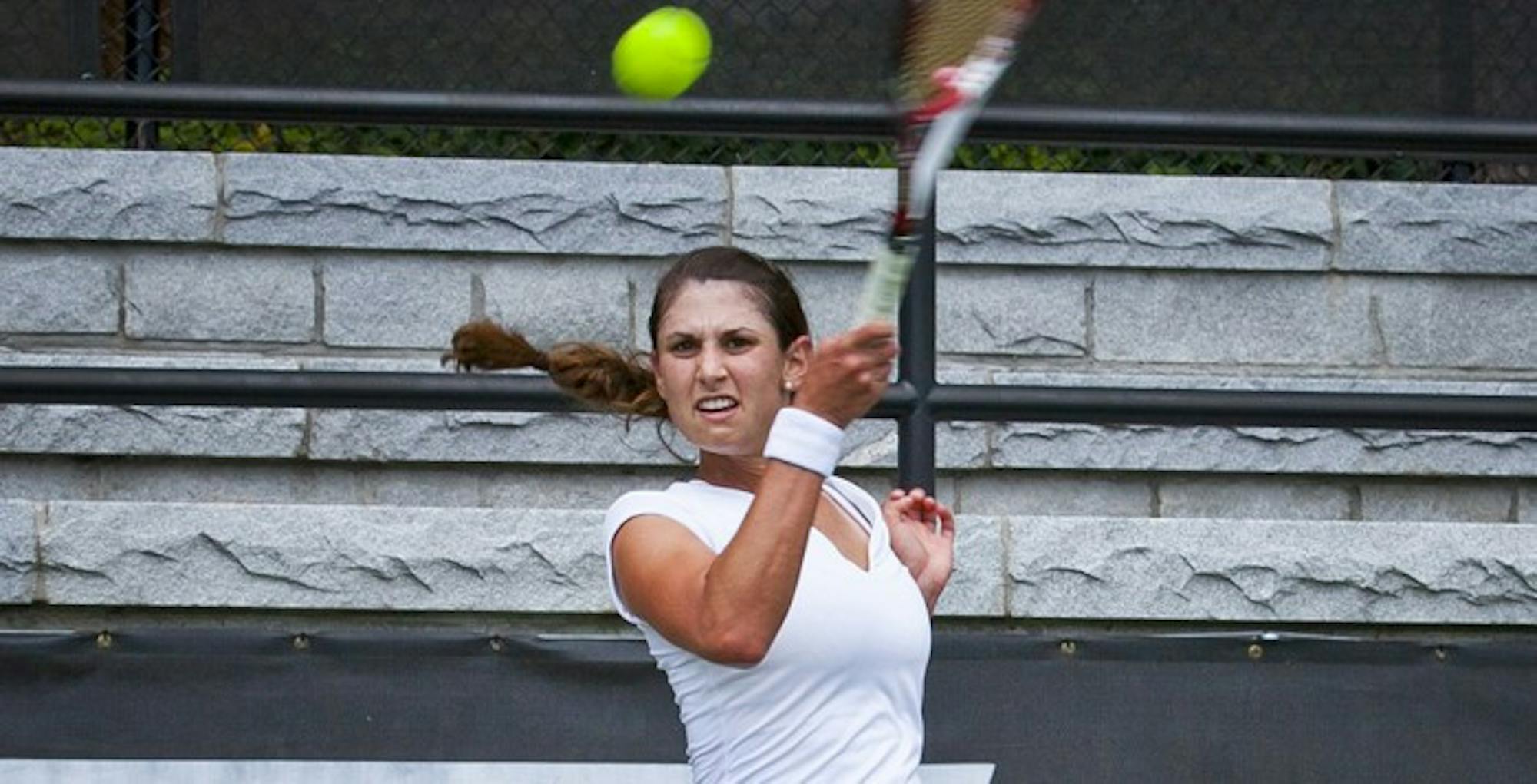 Junior Marissa Levine returns a hit. Leine won five of five matches at the Grizzly Open last weekend for the B draw | Courtesy of Emory Athletics Junior Marissa Levine returns a hit. Leine won five of five matches at the Grizzly Open last weekend for the B draw victory.victory.