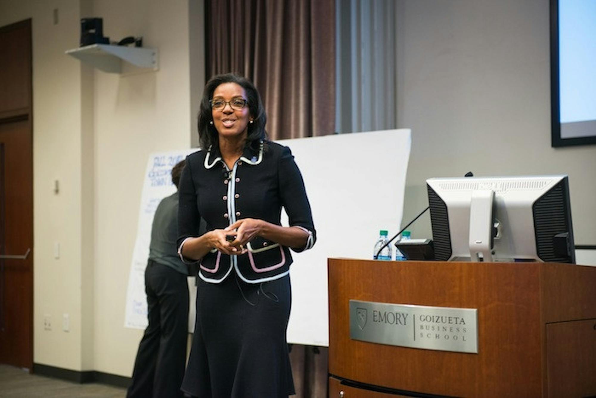 New Goizueta Business School Dean Erika H. James addressed 200 guests in Bowden Auditorium in a town hall format on Tuesday night. She discussed the business school's faculty and the structure of its programs. / Photo by Steve Shan, Assistant Photography Editor