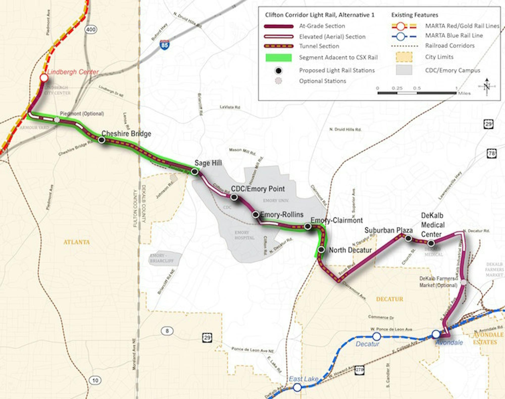 Map Courtesy of MARTA. A proposed light rail line, currently in the early stages of development, would link Emory University's Atlanta campus to MARTA's Lindbergh Station and Avondale Station in several years.