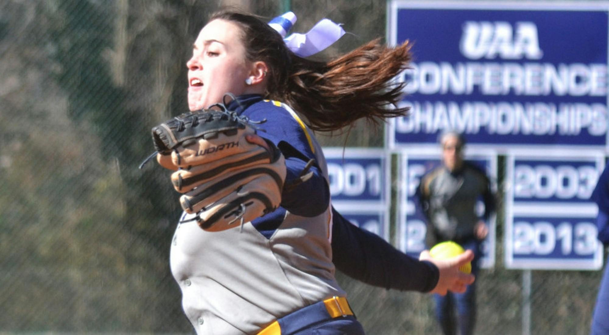 Sophomore pitcher Brittany File winds up for a pitch. File threw five perfect innings against the Rhodes College (Tenn.) Lynx. The 3n2 Invite will continue next weekend. | Erin Baker/Staff
