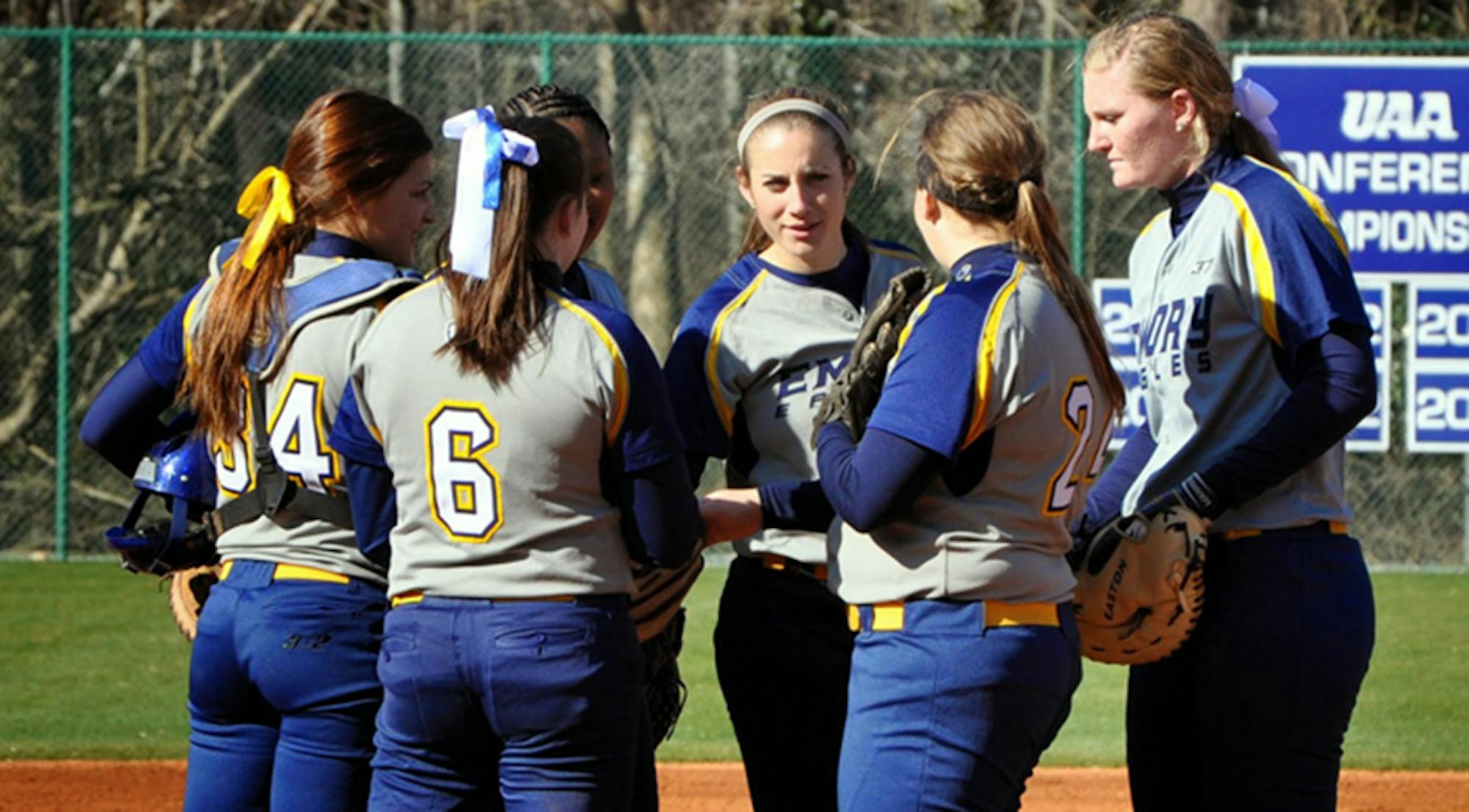 The Emory infield meets for a mound conference. The team wraps up its season away at Maryville College (Tenn.) for their last game of the regular season, today at 3 p.m and 5 p.m. | Courtesy of Emory Athletics