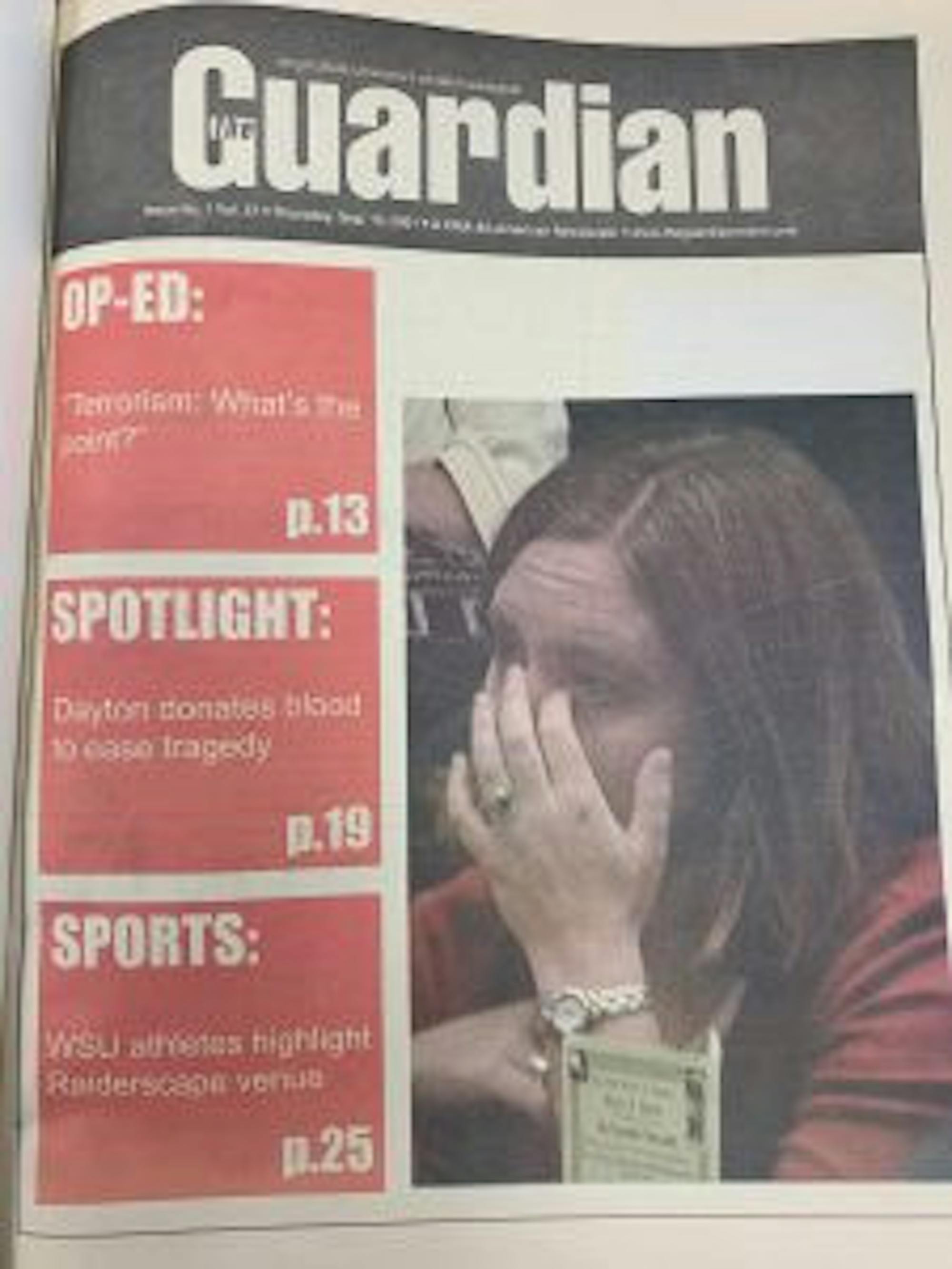 Front page issue of the Wright State Guardian Newspaper in Sept 2001.