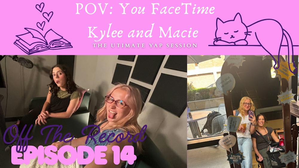 Kylee and Macie sitting in podcast room along with a mirror picture of the two girls 