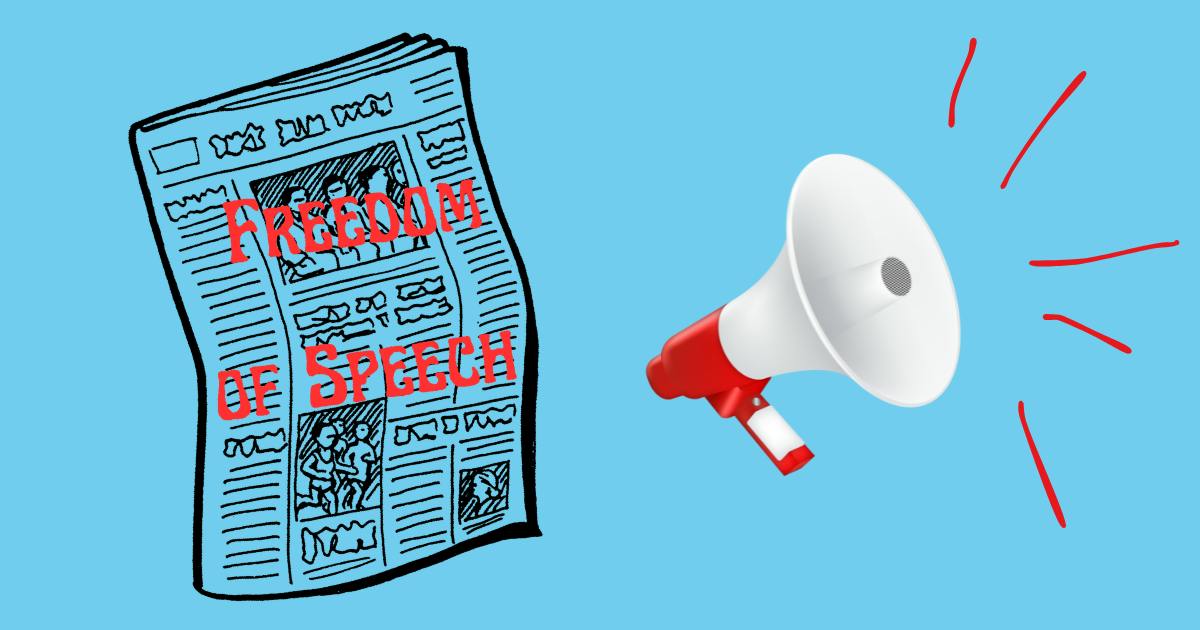 Newspaper with "Freedom of Speech" written on it next to a red megaphone 