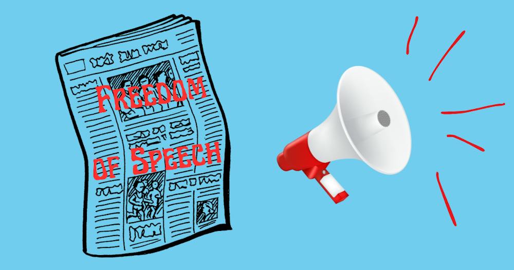 Newspaper with "Freedom of Speech" written on it next to a red megaphone 