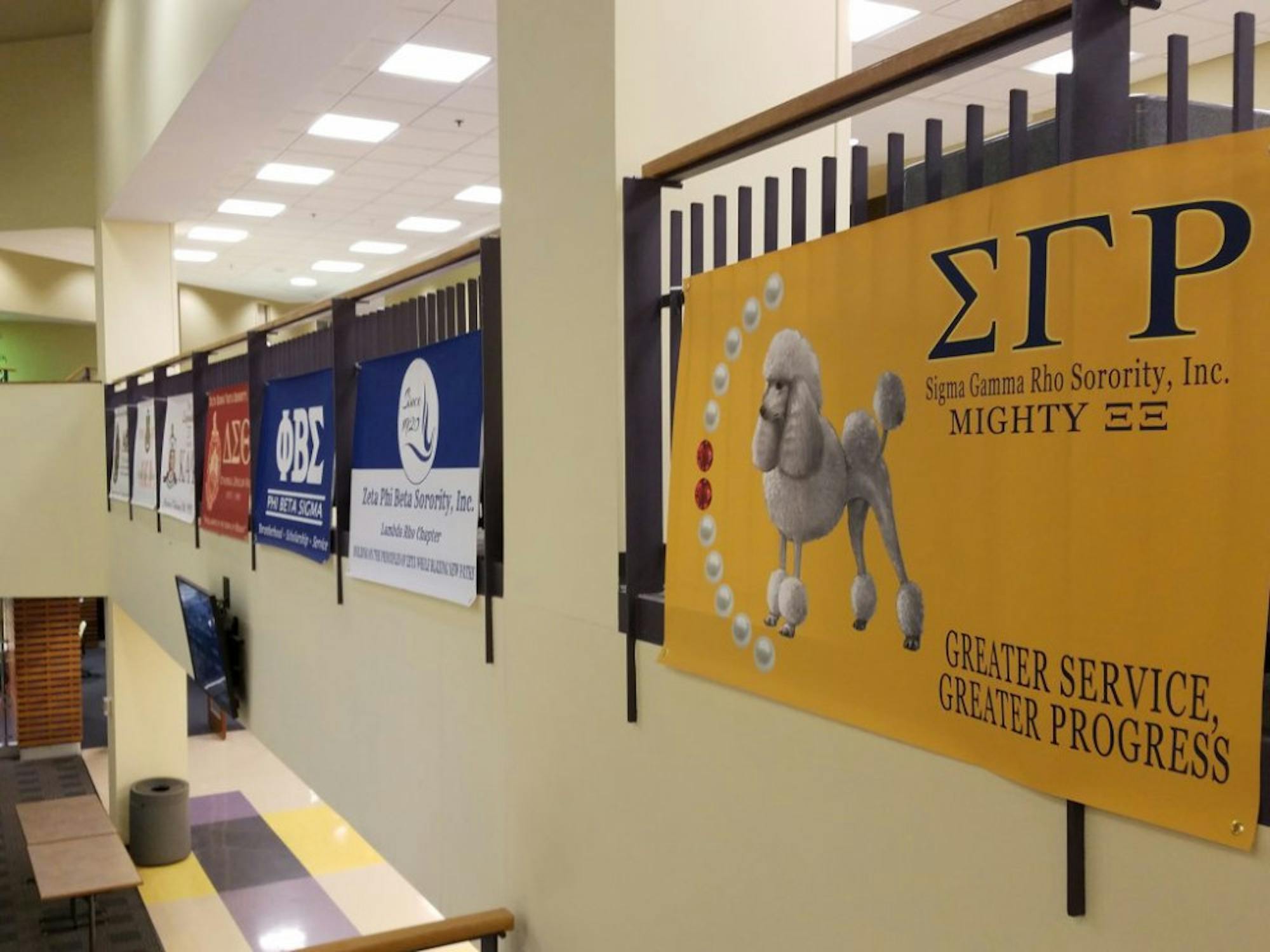 Greek life signs hung in the Student Union / Photograph Jessica Fugett / The Guardian