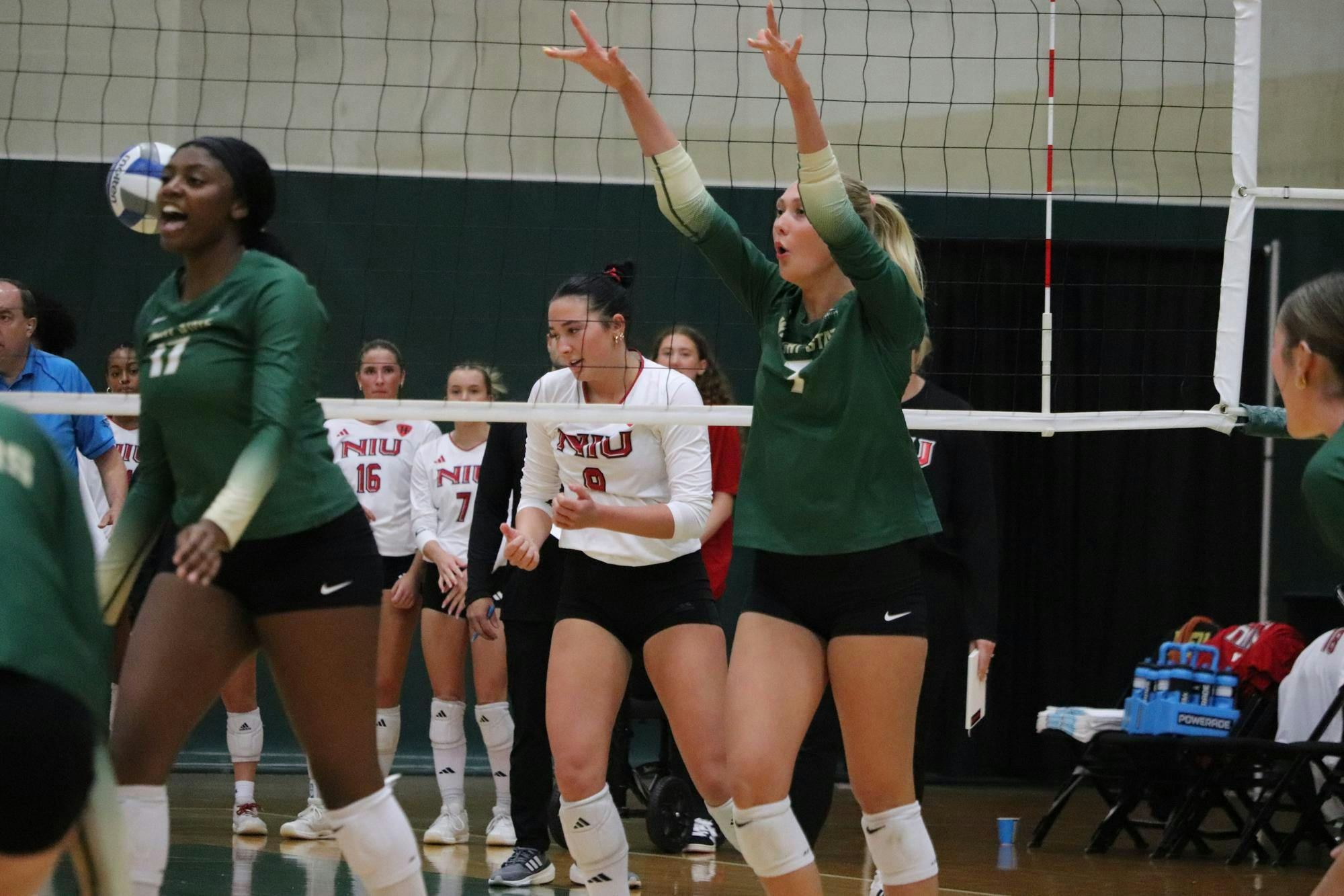 Number 7 Celebrating during Women's Volleyball game against NIU 