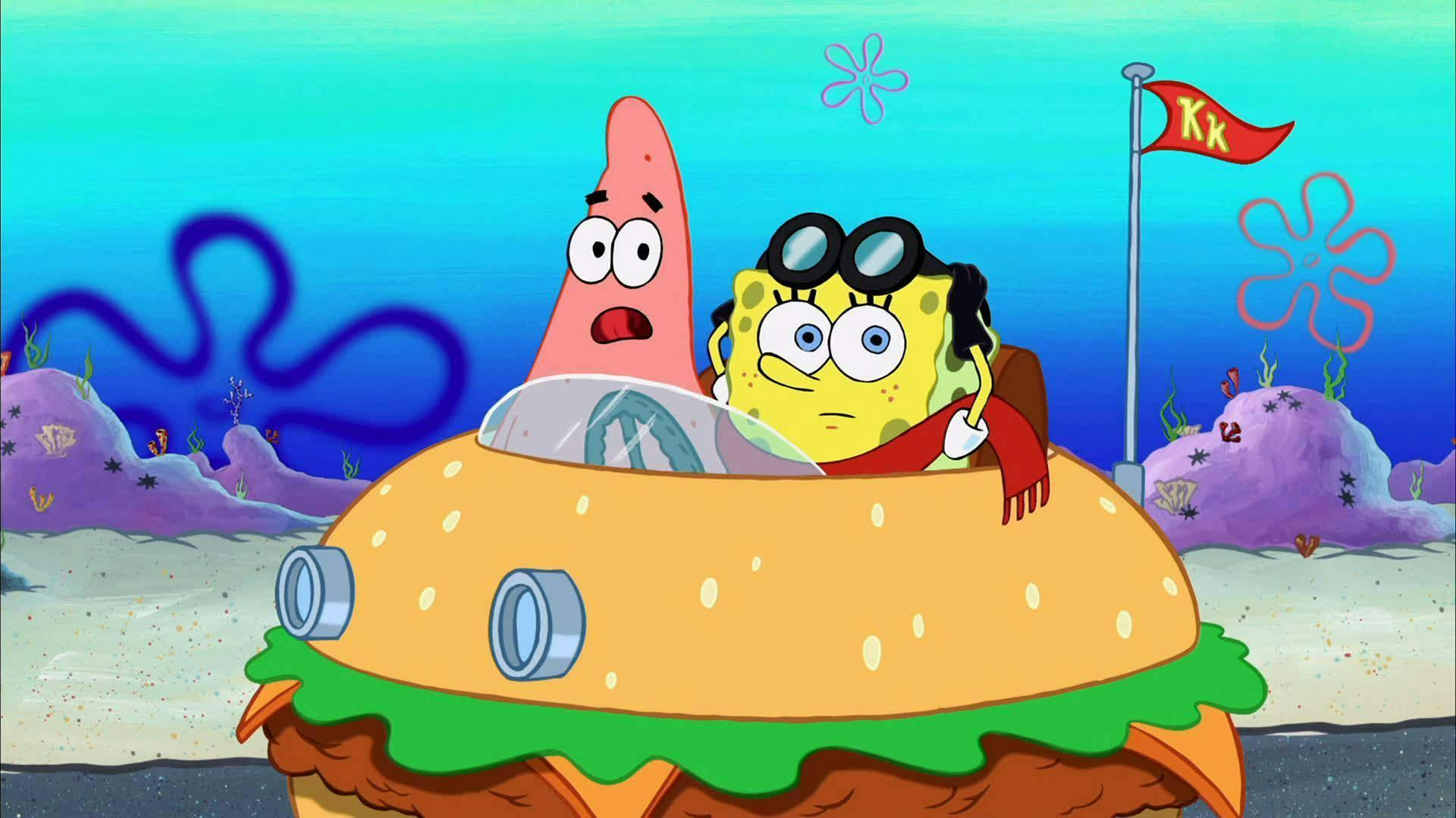 Spongebob and Patrick in a krabby patty mobile from the Spongebob movie 2004 
